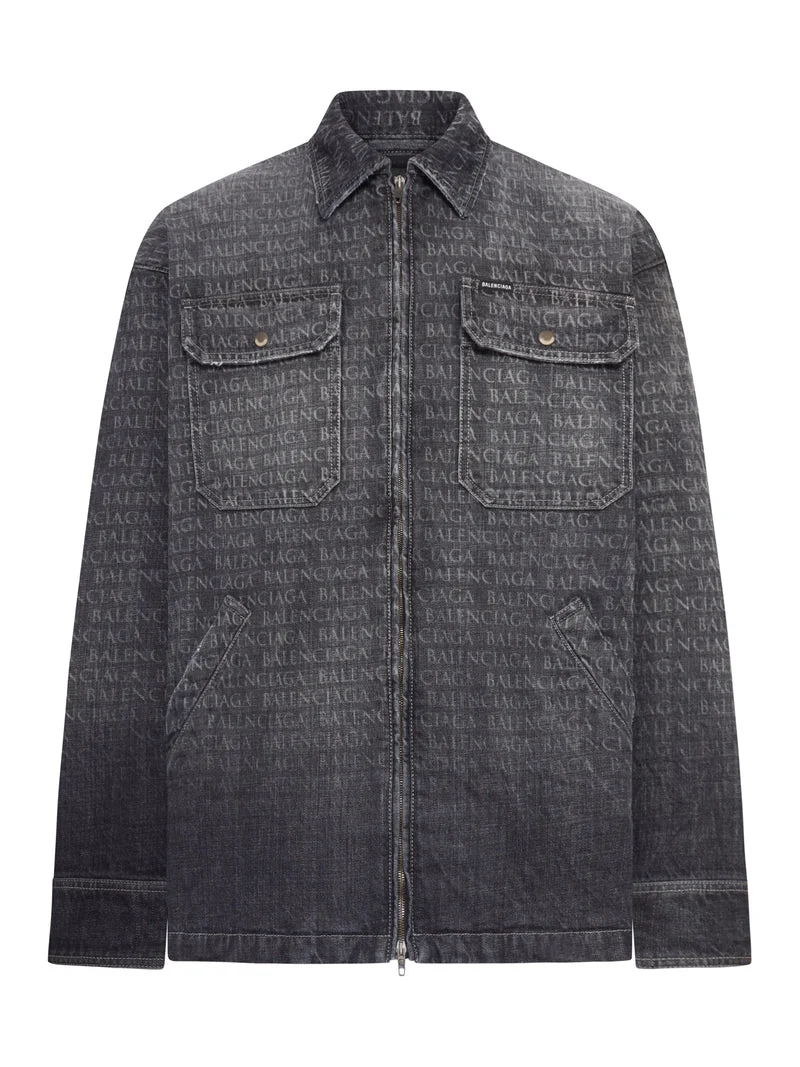 Balenciaga Men Denim Overshirt With All-Over Logo - 1