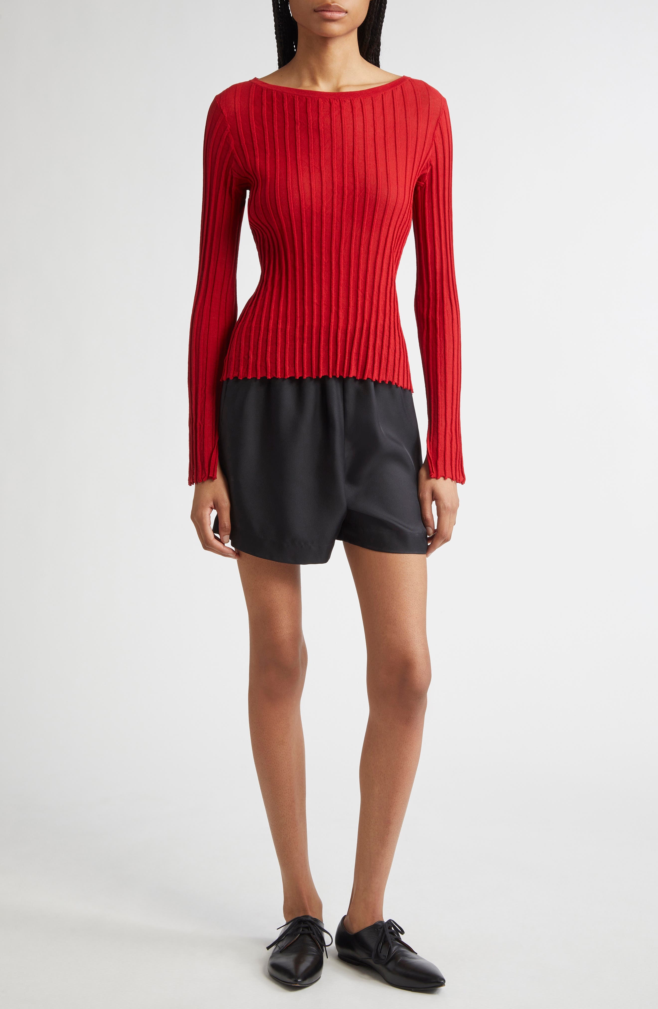 LOULOU DE SAISON Mabille Rib Long Sleeve Top in Red at Nordstrom - 2