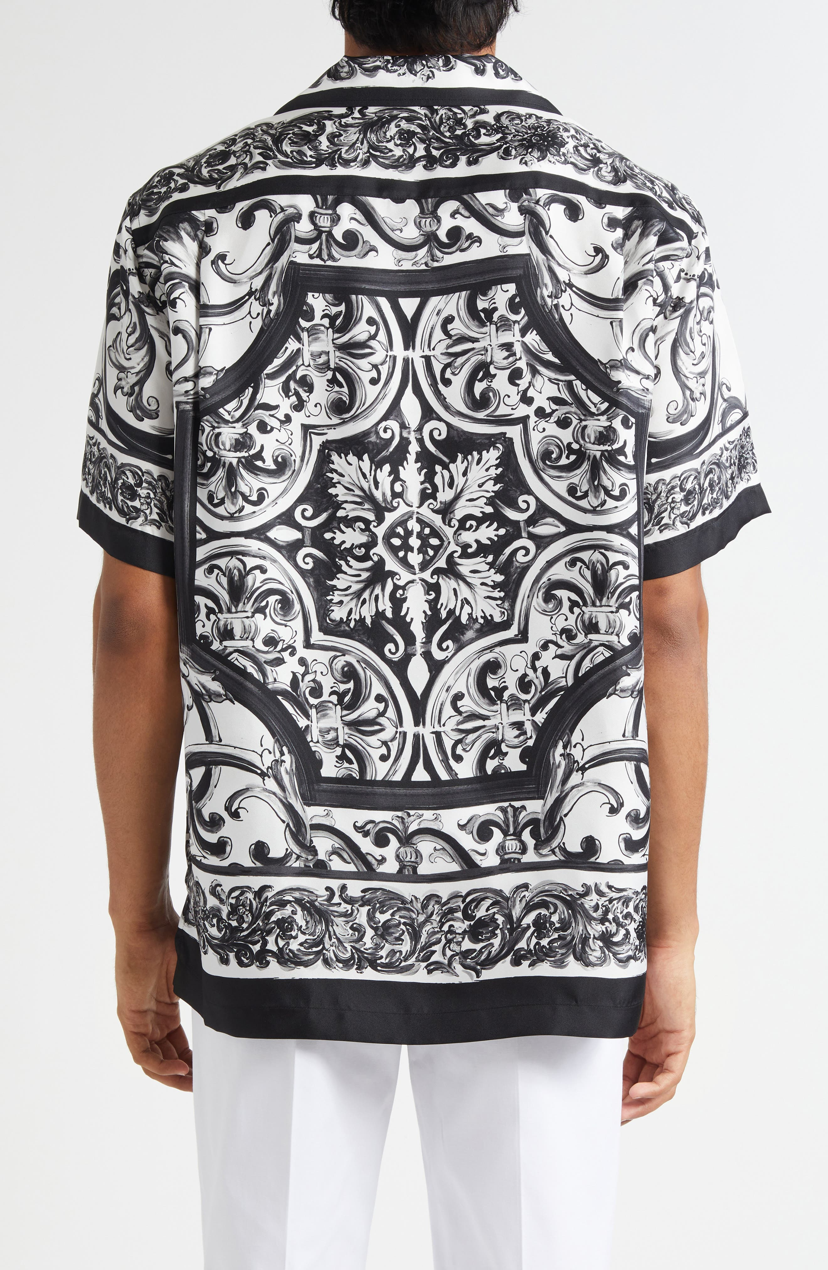 Dolce&Gabbana Majolica Print Silk Twill Camp Shirt in Hx5Dq Maiolica 3L Nero at Nordstrom - 3