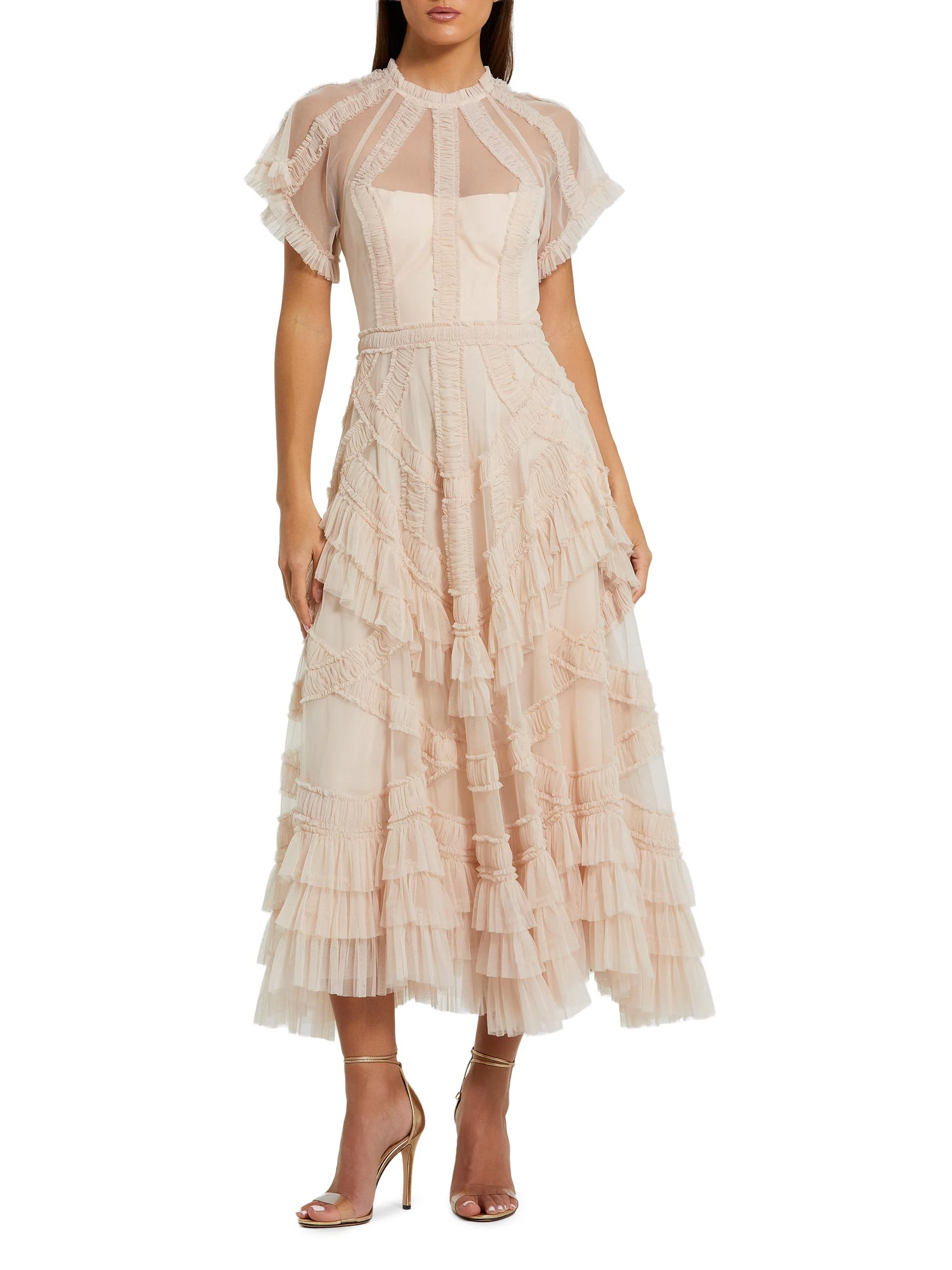 Women's Mesh Ruffle Flutter-Sleeve Midi-Dress - Blush - 1