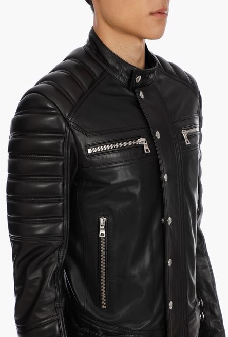 Black leather biker jacket with embossed Balmain logo - 8