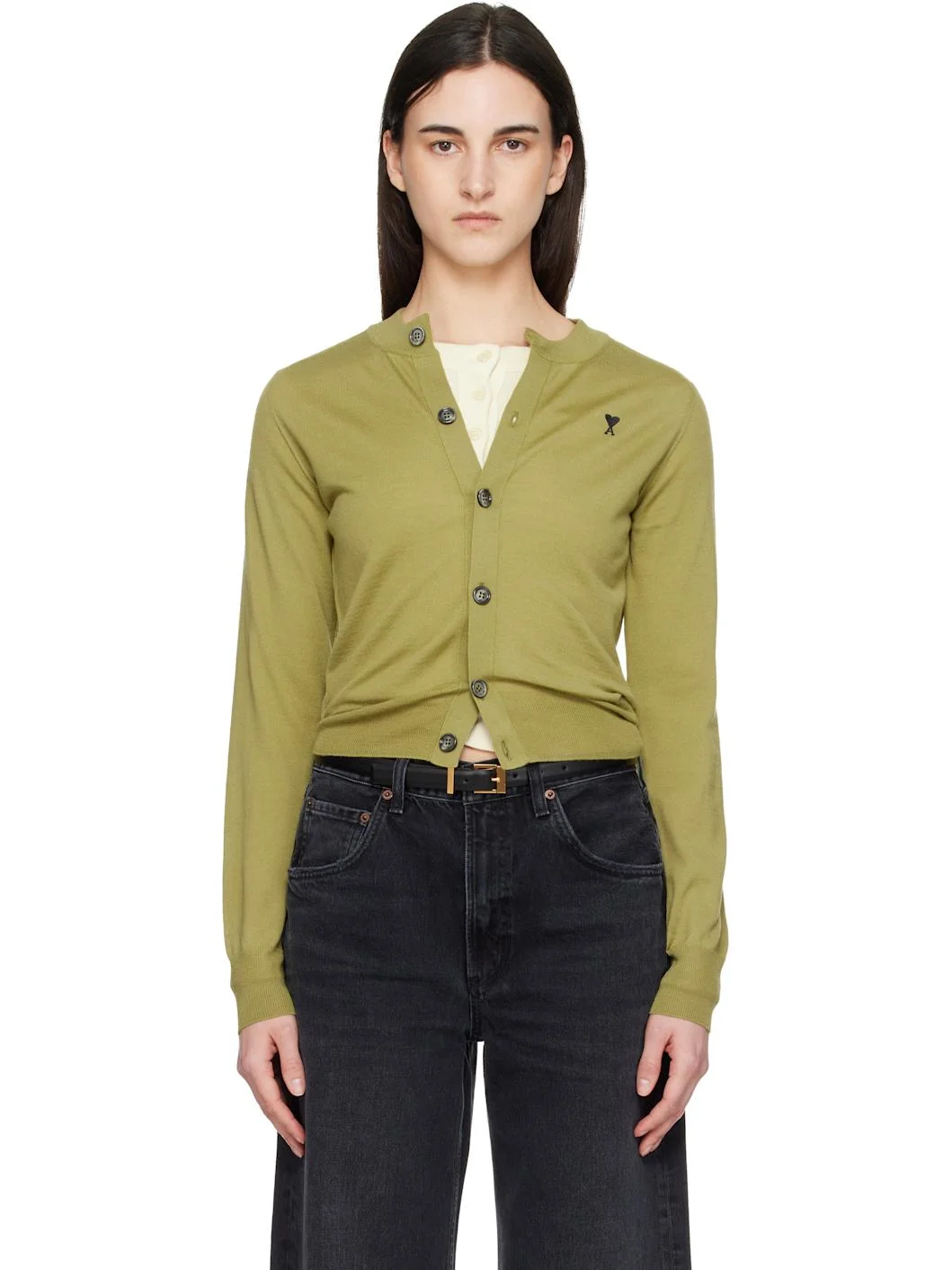 Green Wool Crewneck Ami de Coeur Cardigan - 1