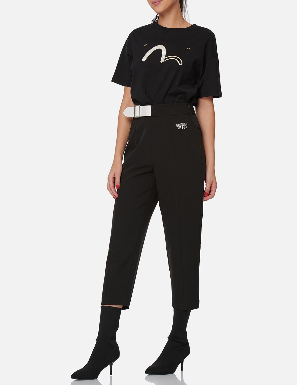 Partial Leather Buckle Belt Cropped Straight Fit Pants - 3