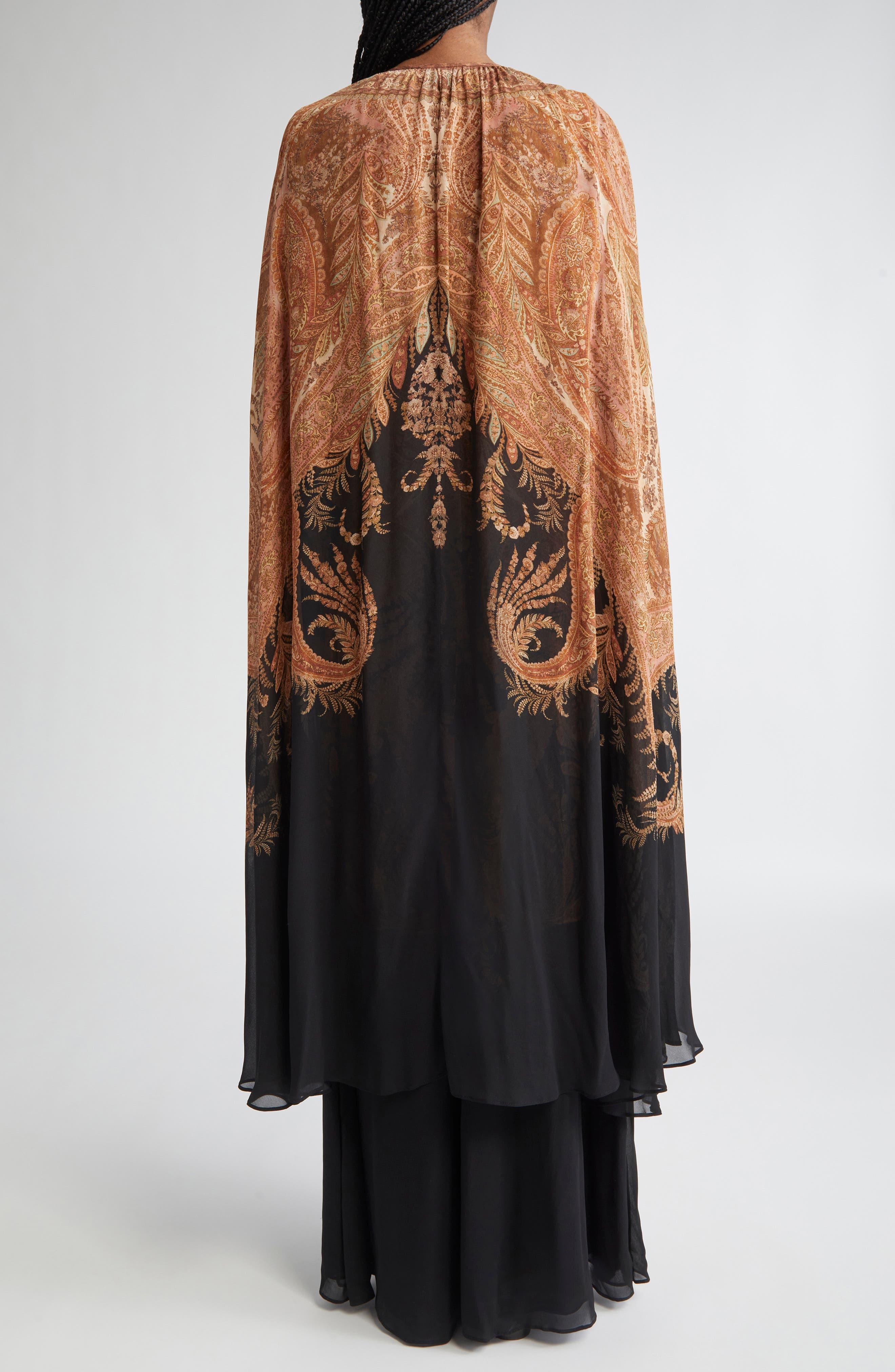 Zimmermann Hypnotic Paisley Long Sleeve Dress with Removable Cape in Light Brown/Black Paisley at No - 2