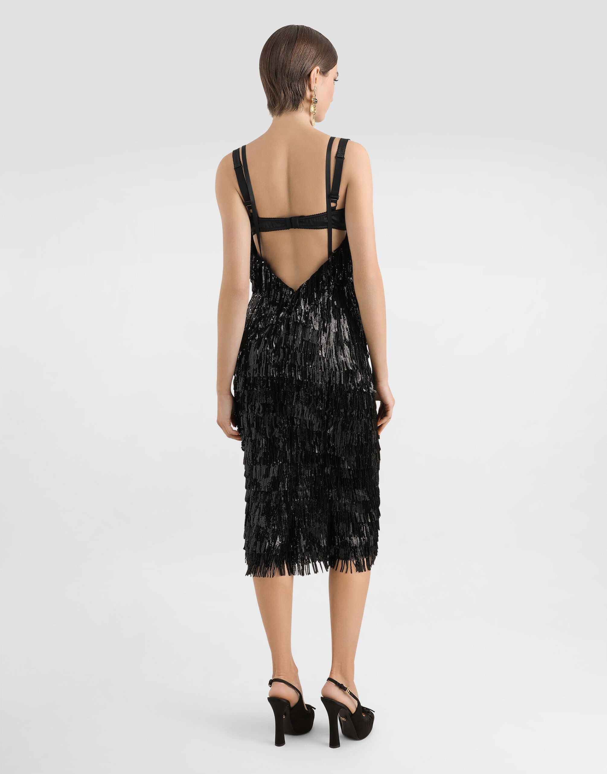 Calf-length slip dress with sequined fringing - 3