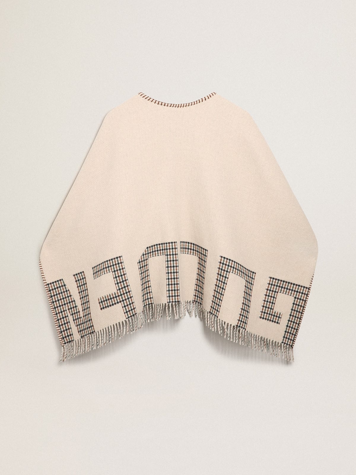 Poncho in double face cream-colored wool with check pattern and lettering - 9