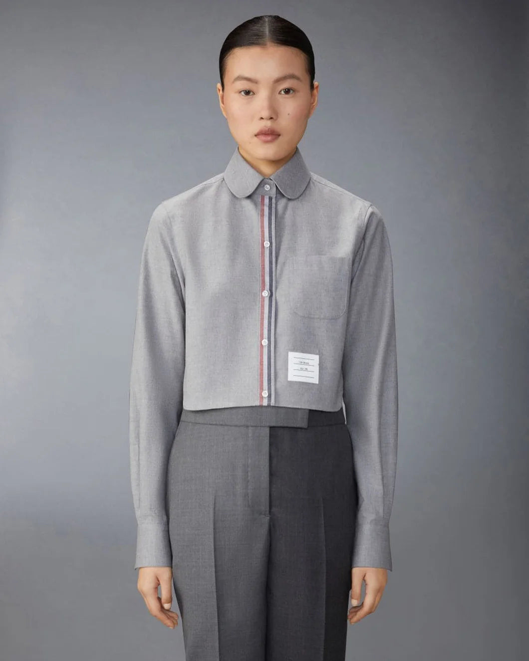 STRIPE COTTON FLANNEL CLASSIC CROPPED ROUND COLLAR SHIRT - 2