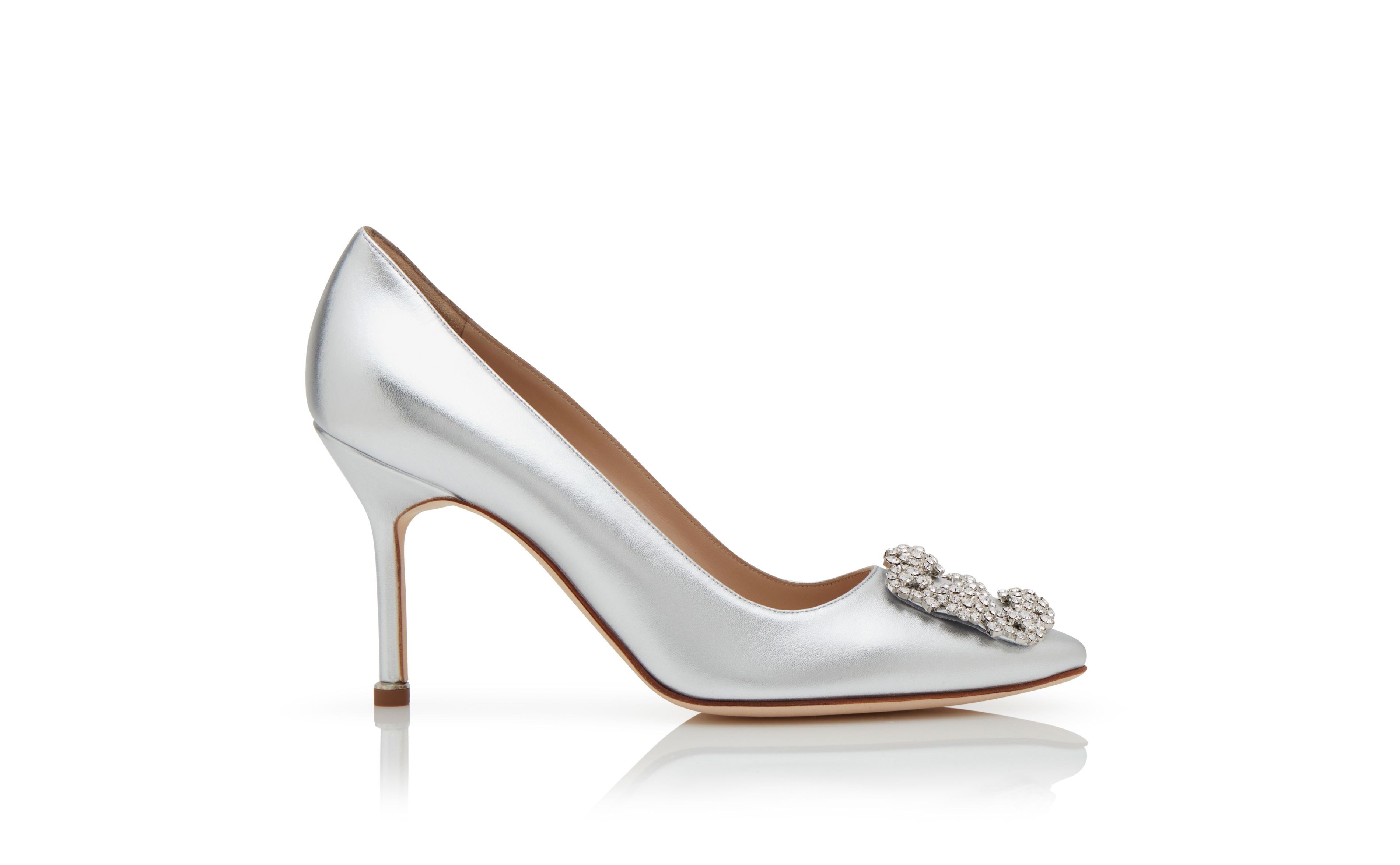 Silver Nappa Leather Jewel Buckle Pumps - 1