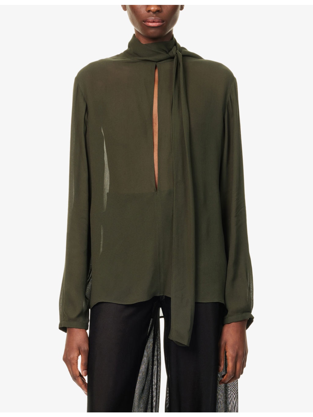 Scarf Long-Sleeves Woven Blouse - 3