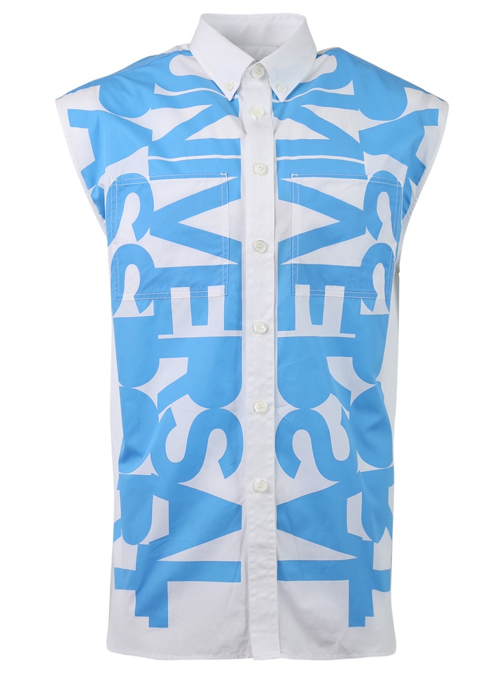 Sleeveless Slogan Print Cotton Poplin Shirt Blue Topaz - 1