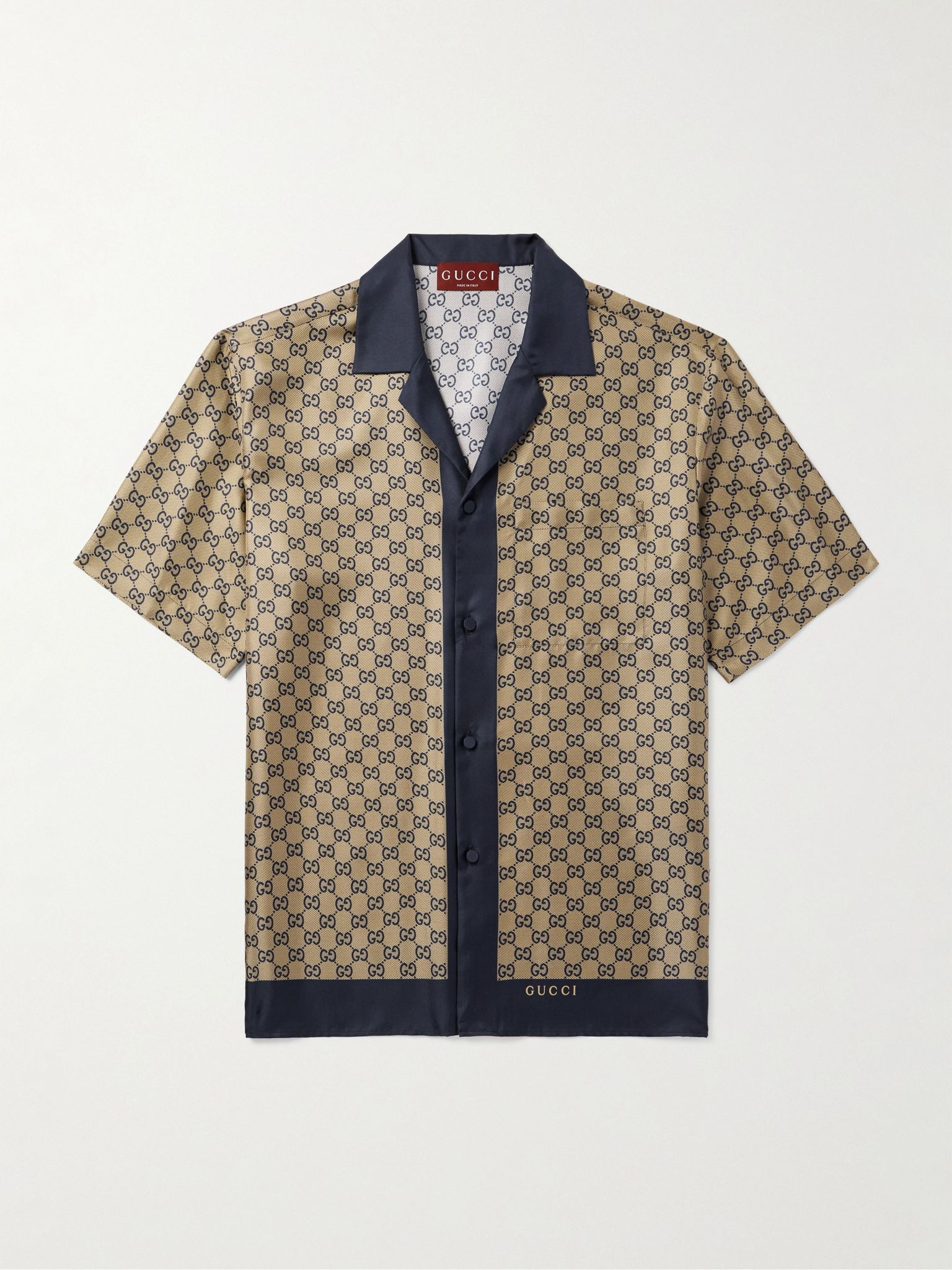 Camp-Collar Silk-Jacquard Shirt Beige - 1