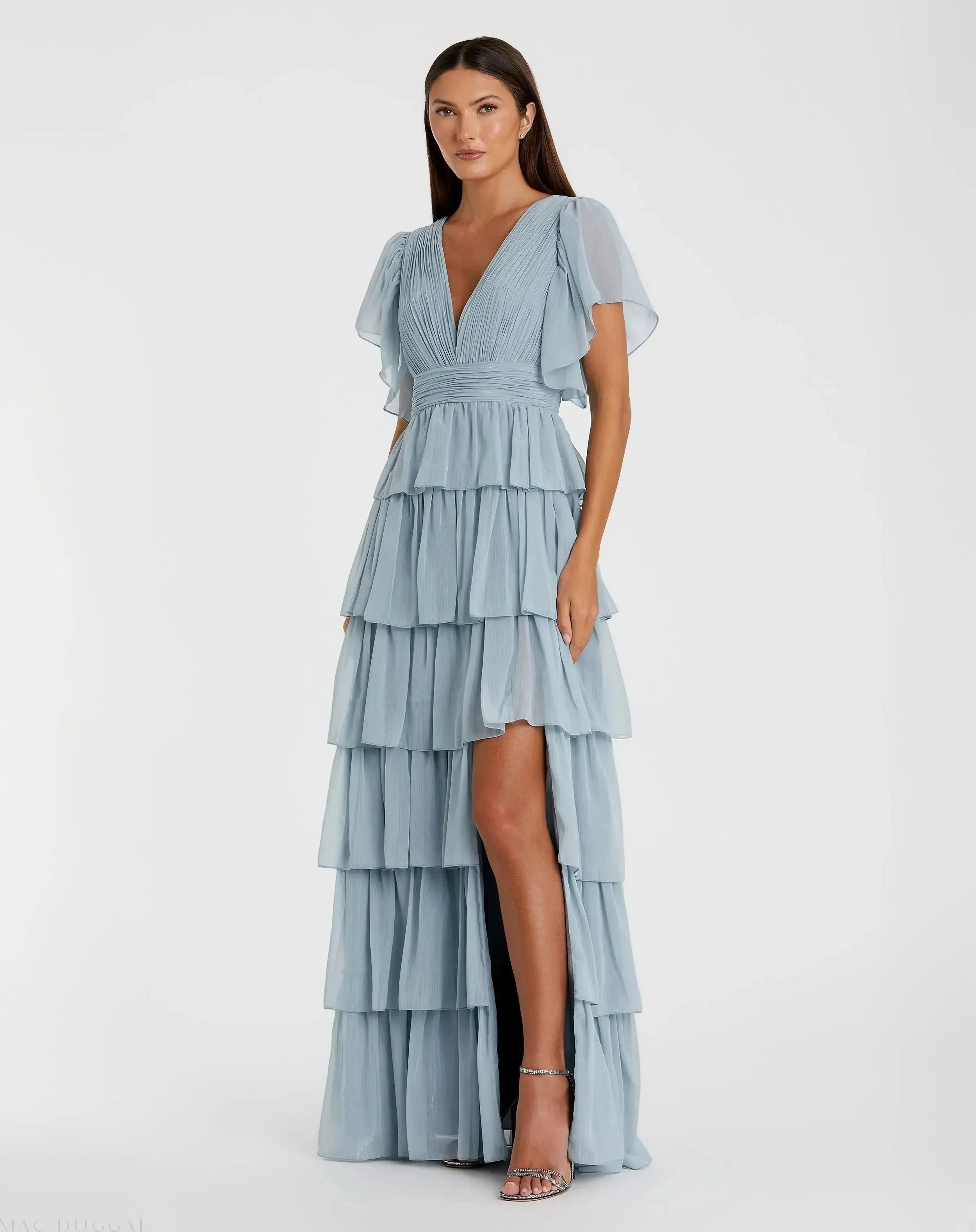 Blue Flutter Sleeve Ruffle Tiered Gown - 1