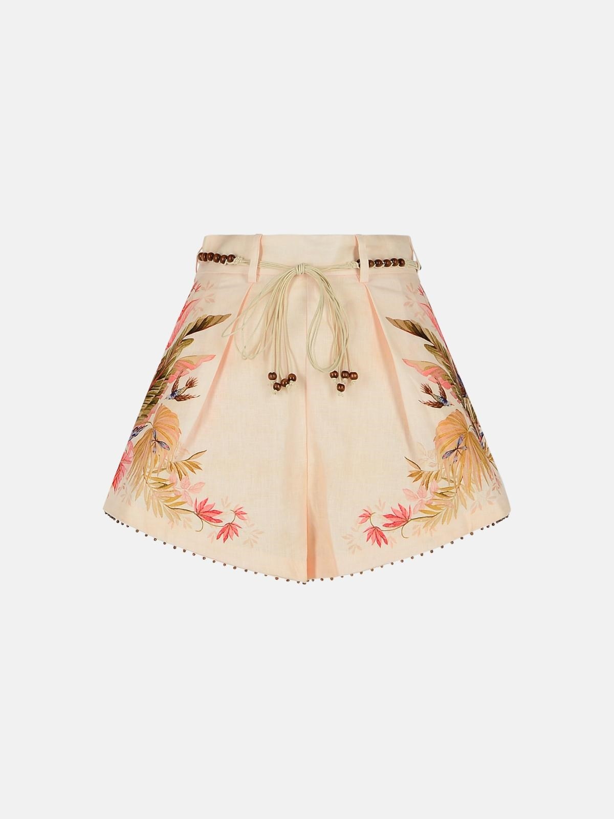 'TUCK' LINEN PLEATED SHORTS IN 'CREAM PALM FLORAL' COLOR - 1