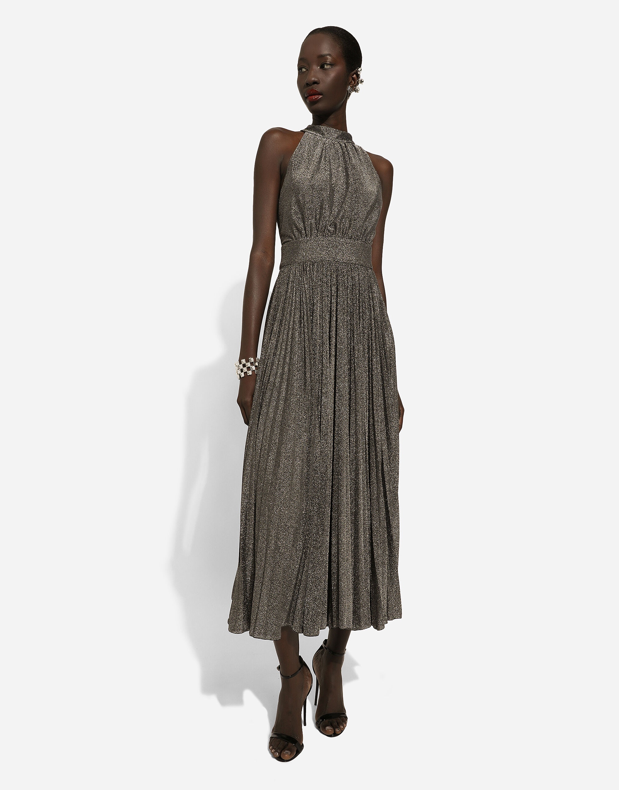Pleated jersey lurex calf-length dress - 5