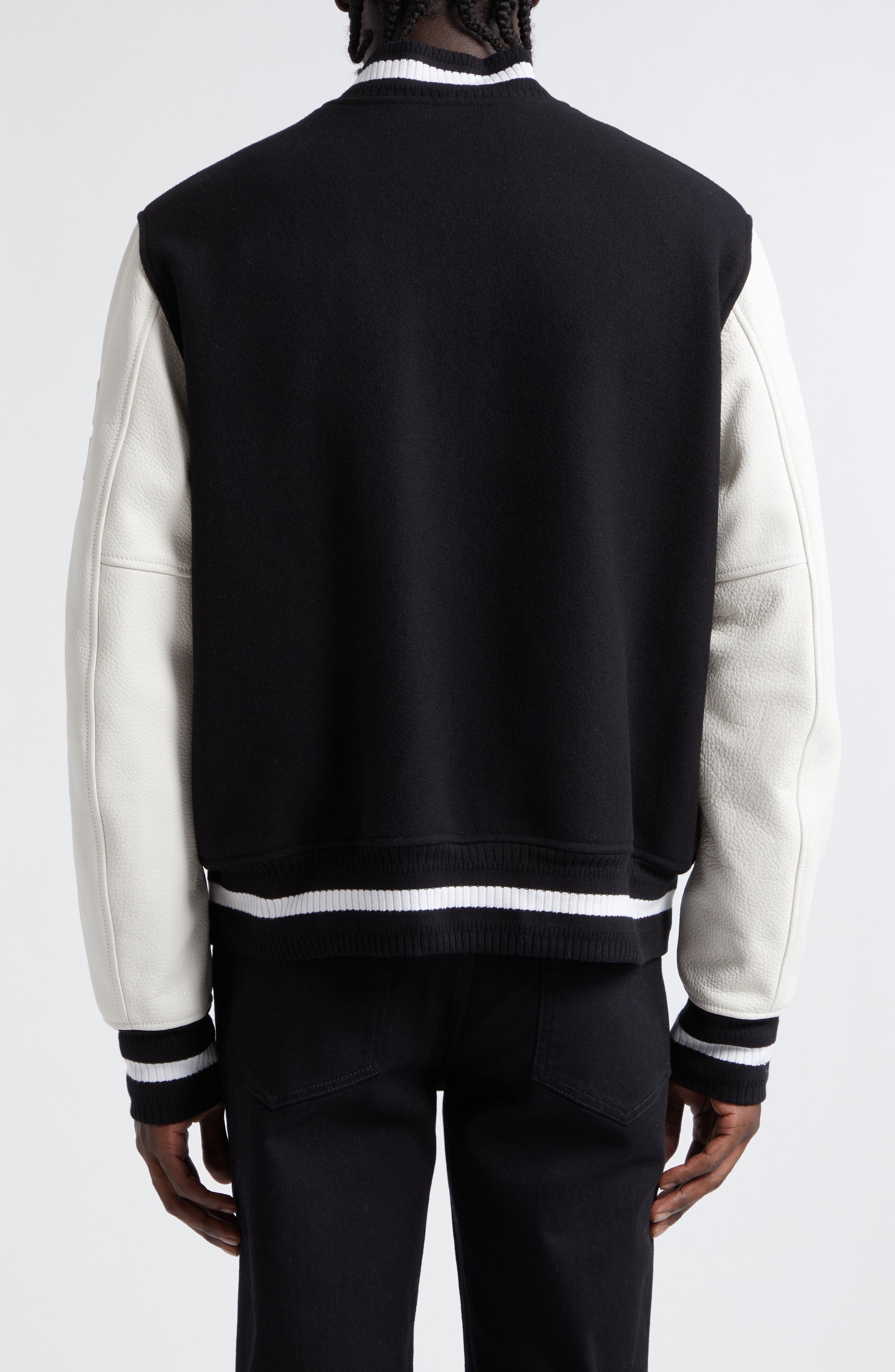 Givenchy Embroidered Logo Mixed Media Leather & Wool Blend Varsity Jacket in Black/White at Nordstro - 3