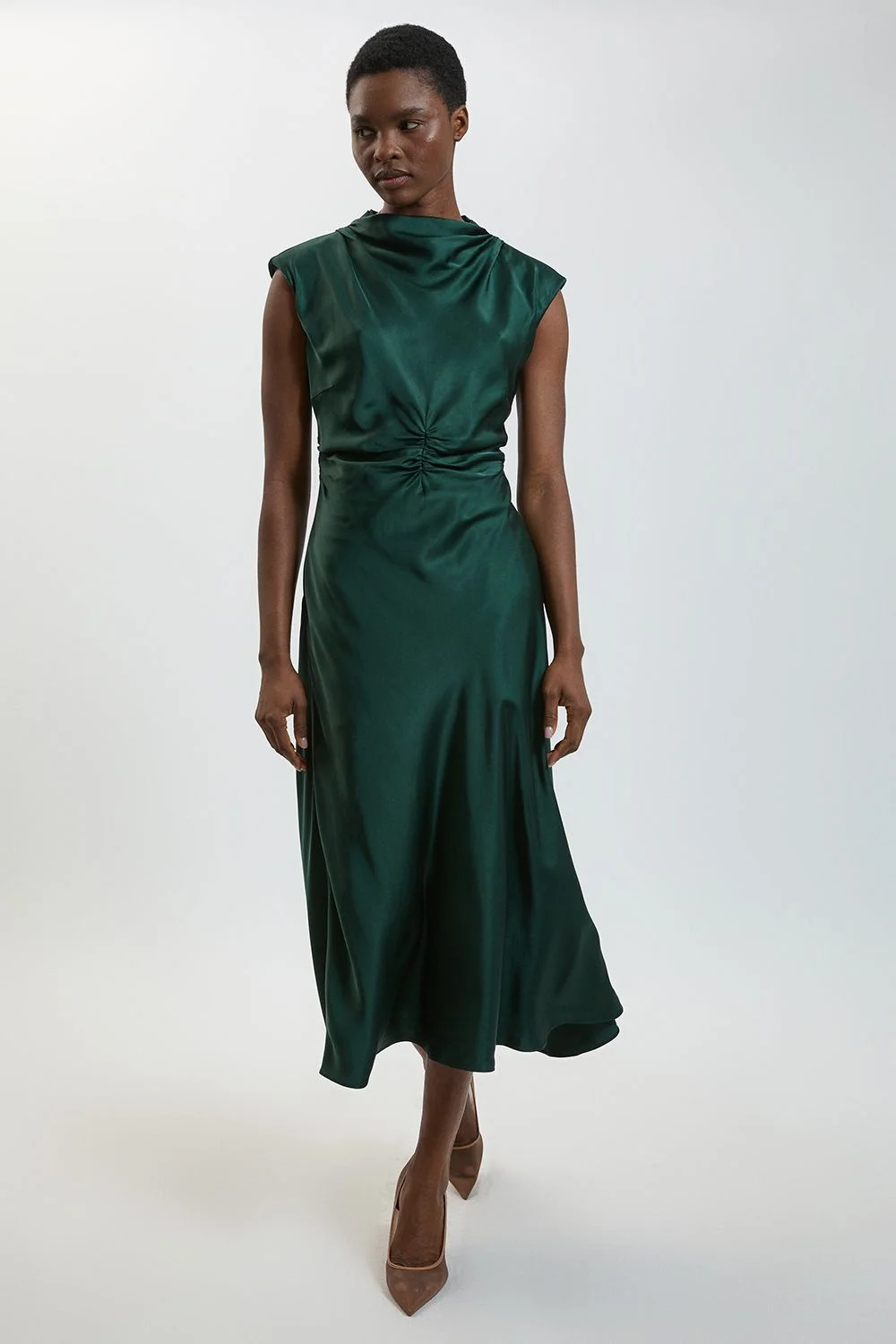 Viscose Satin Ruched Cowl Neck Midi Dress - 1