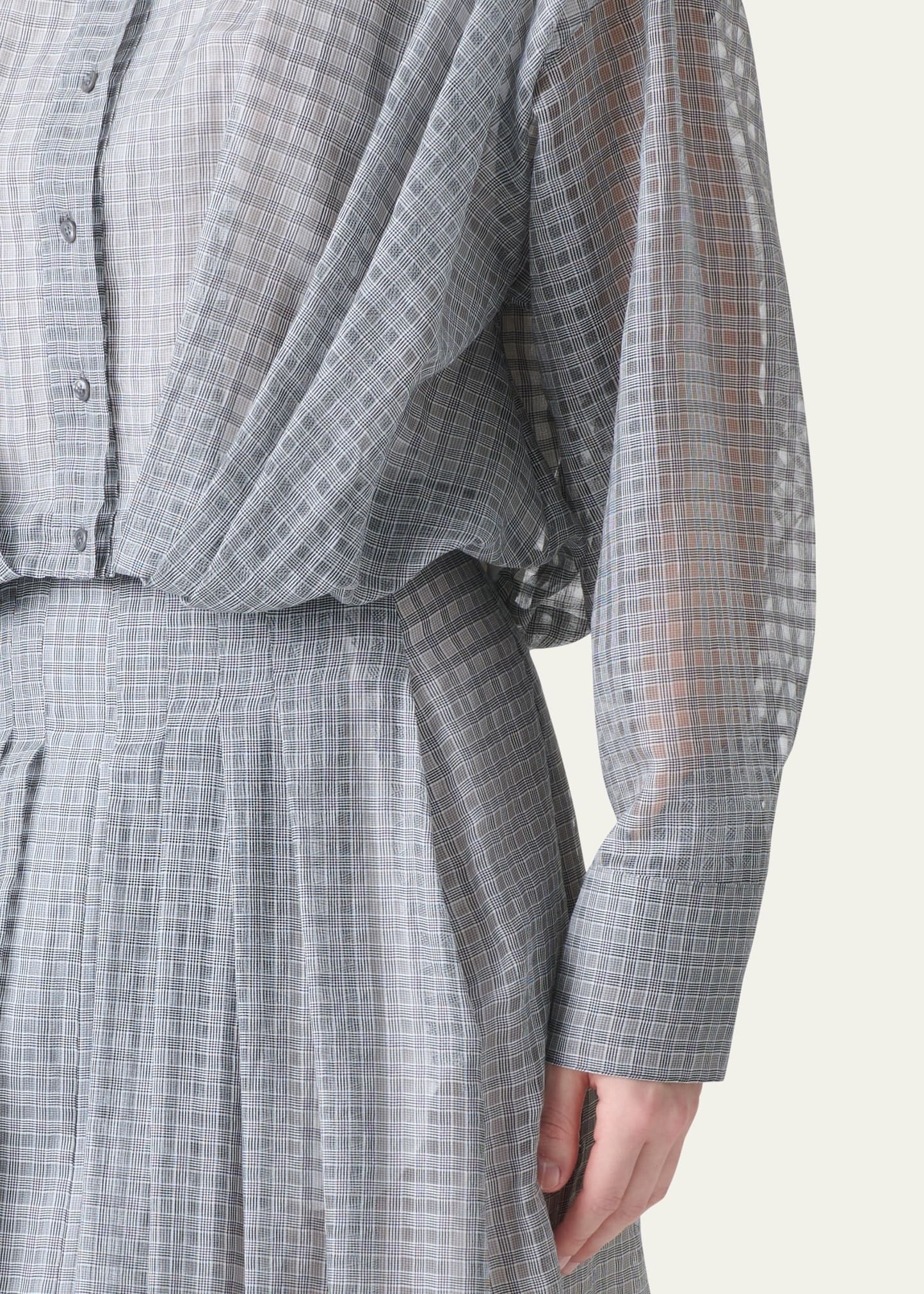 Plaid Cotton Voile Blouse with Pleated Waist - 5