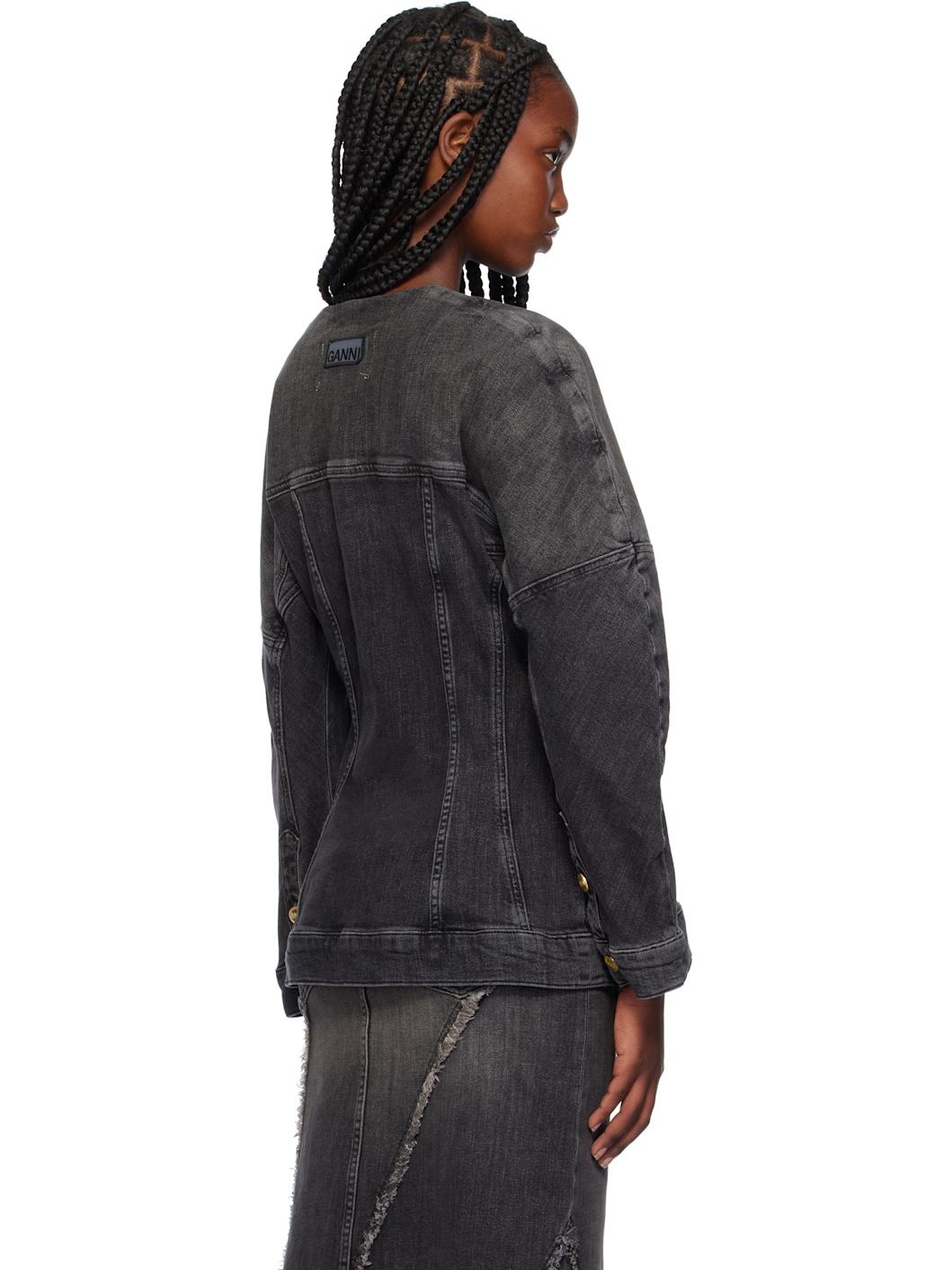 Black Collarless Denim Jacket - 3