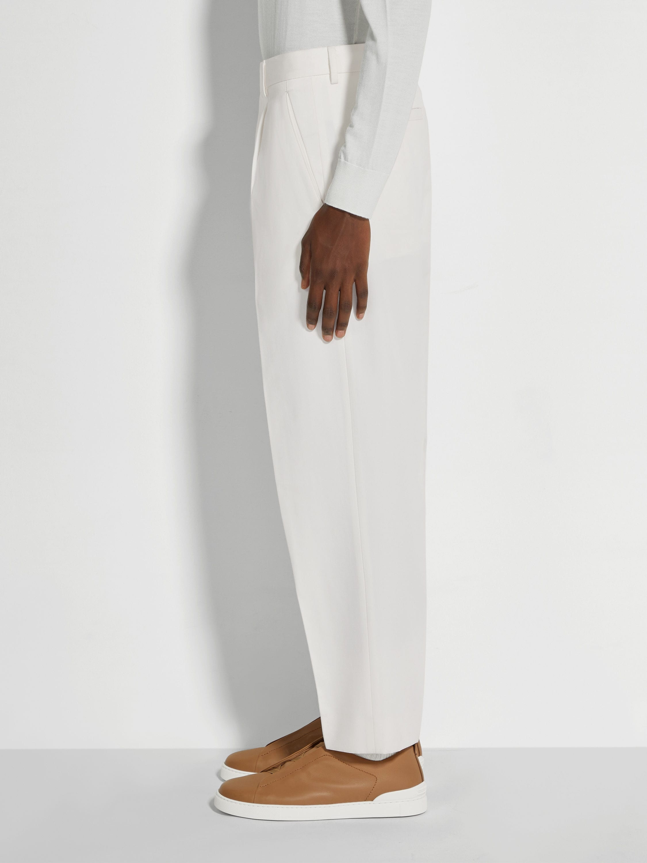 WHITE COTTON AND WOOL PANTS - 4