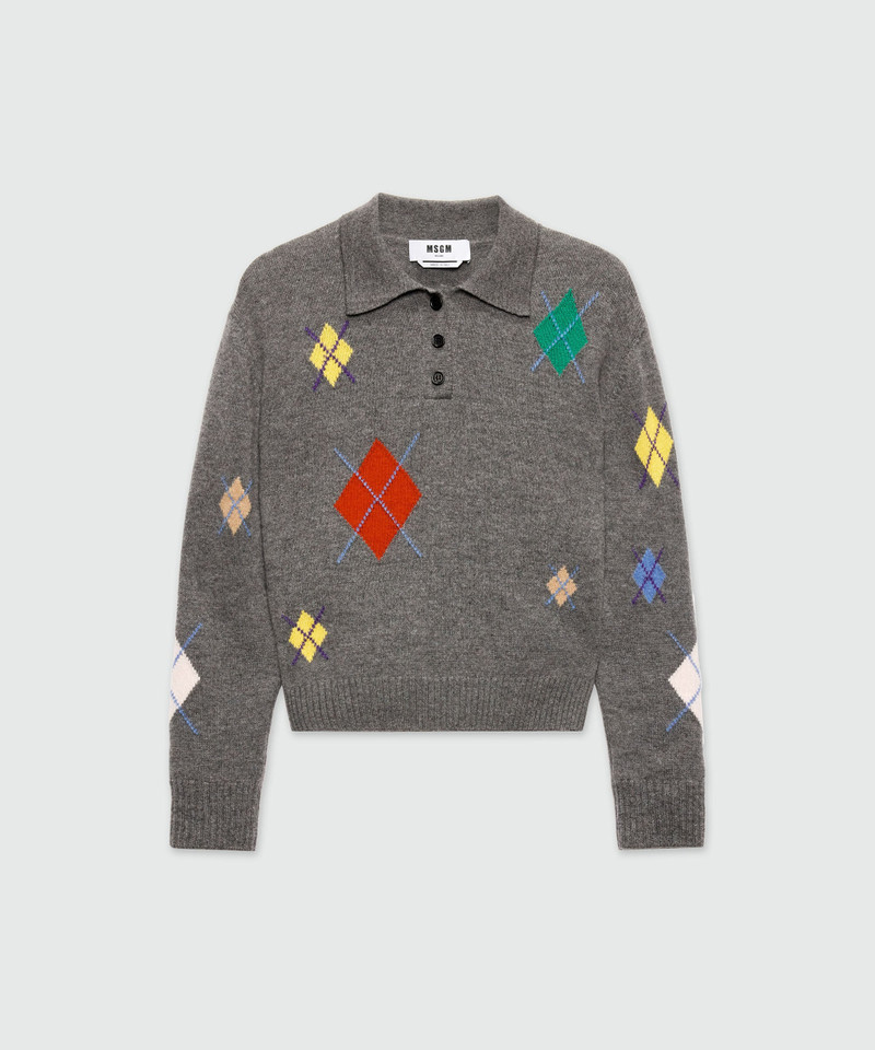 Long-sleeved polo shirt in grey melange with multicolor argyle pattern 1