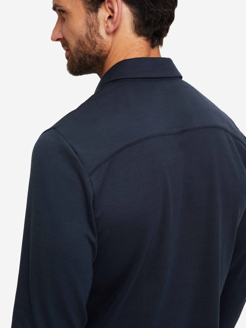 Men's Long Sleeve Polo Shirt Ramsay Pique Cotton Tencel Navy - 6