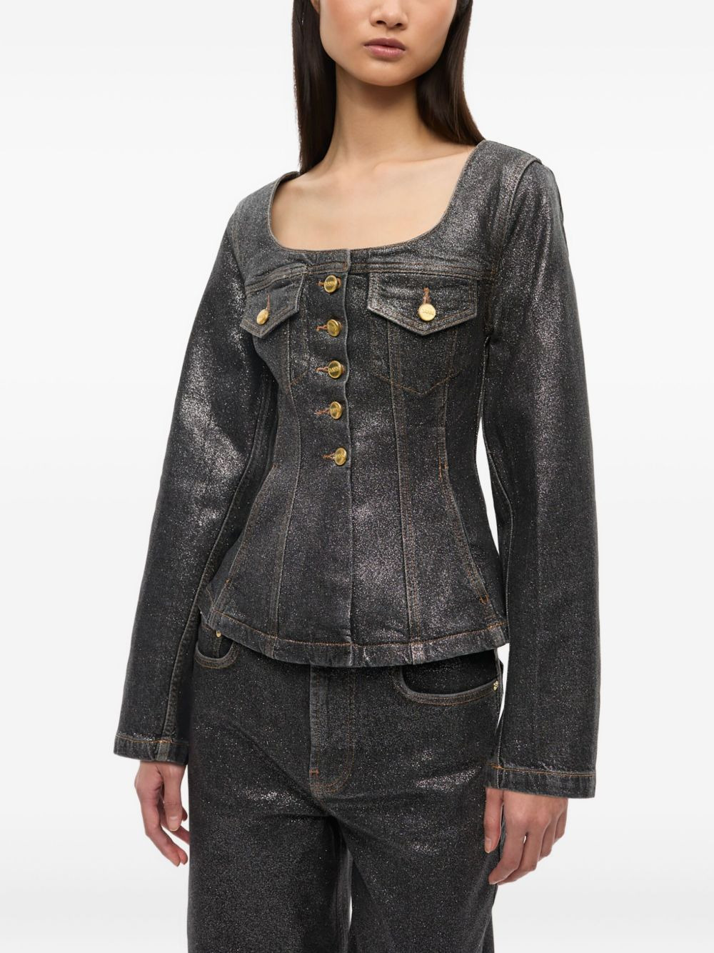 Ganni Women Denim Cotton Blazer Jacket - 5