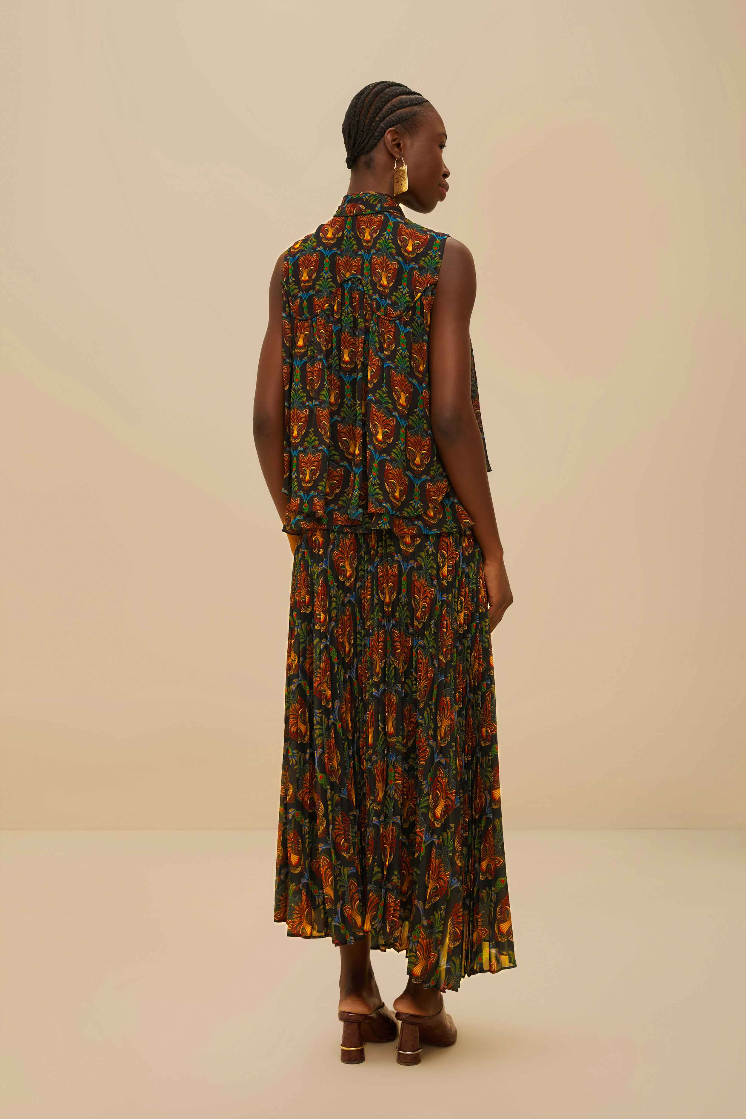 Black Boho Panther Pleated Maxi Skirt - 4