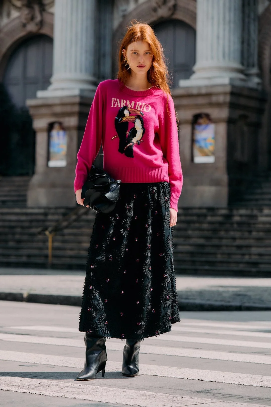 Black 3D Flowers Embroidered Midi Skirt - 1