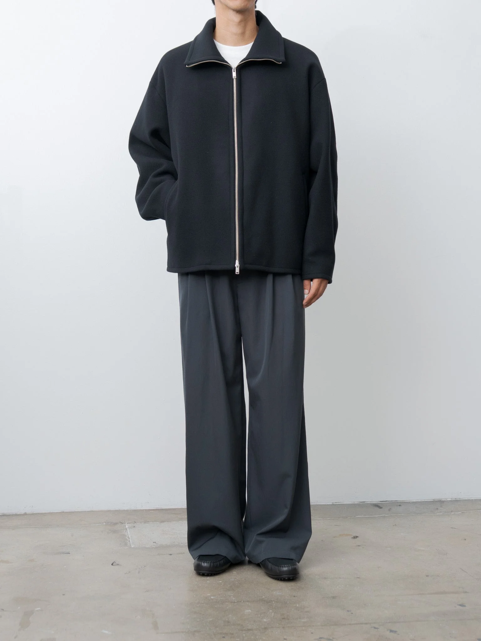 YOKE Melton Stand Collar Zip Blouson - Black | REVERSIBLE