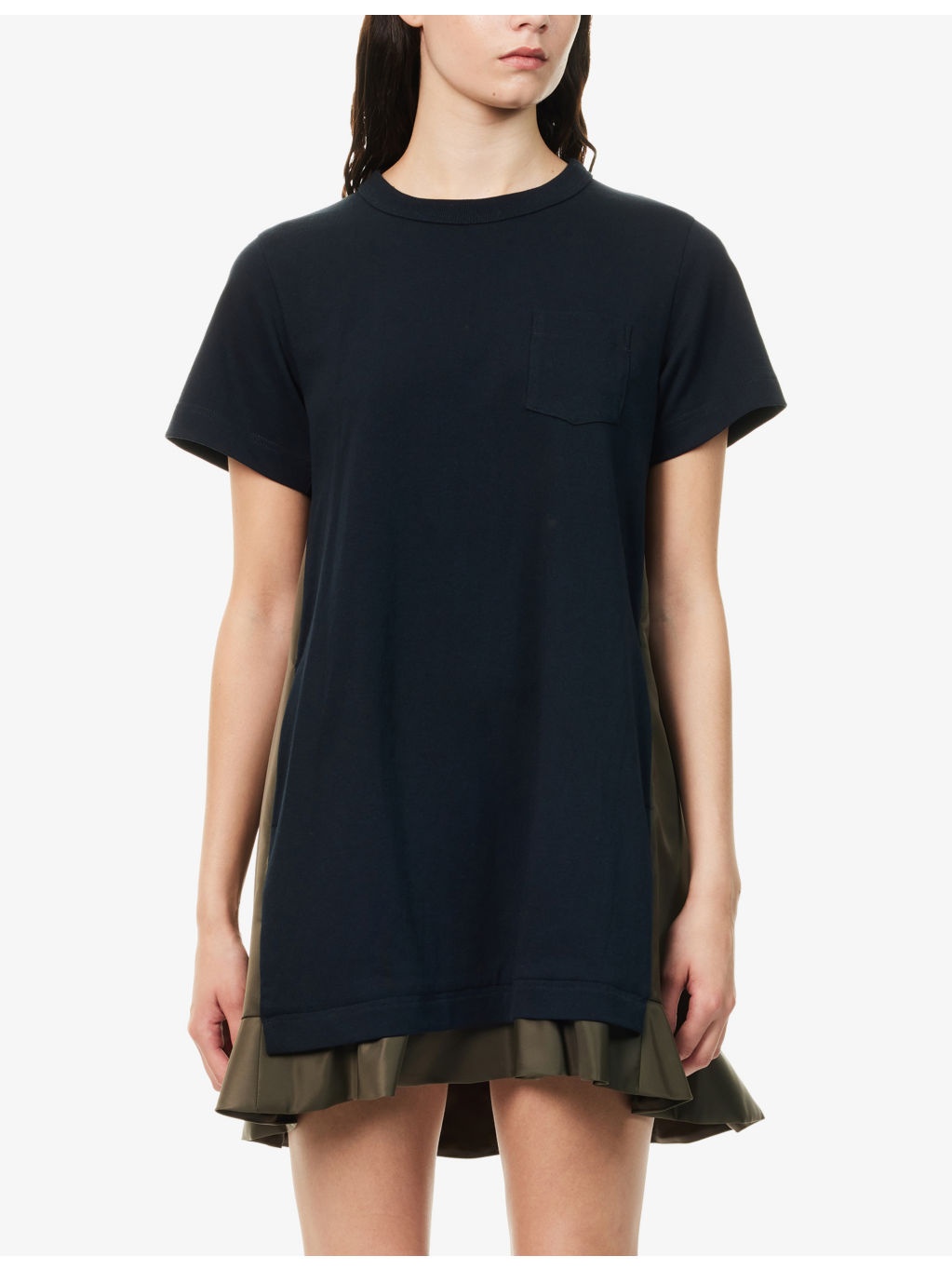 Pleated-Contrast Short-Sleeves Cotton-Jersey Mini Dress - 3