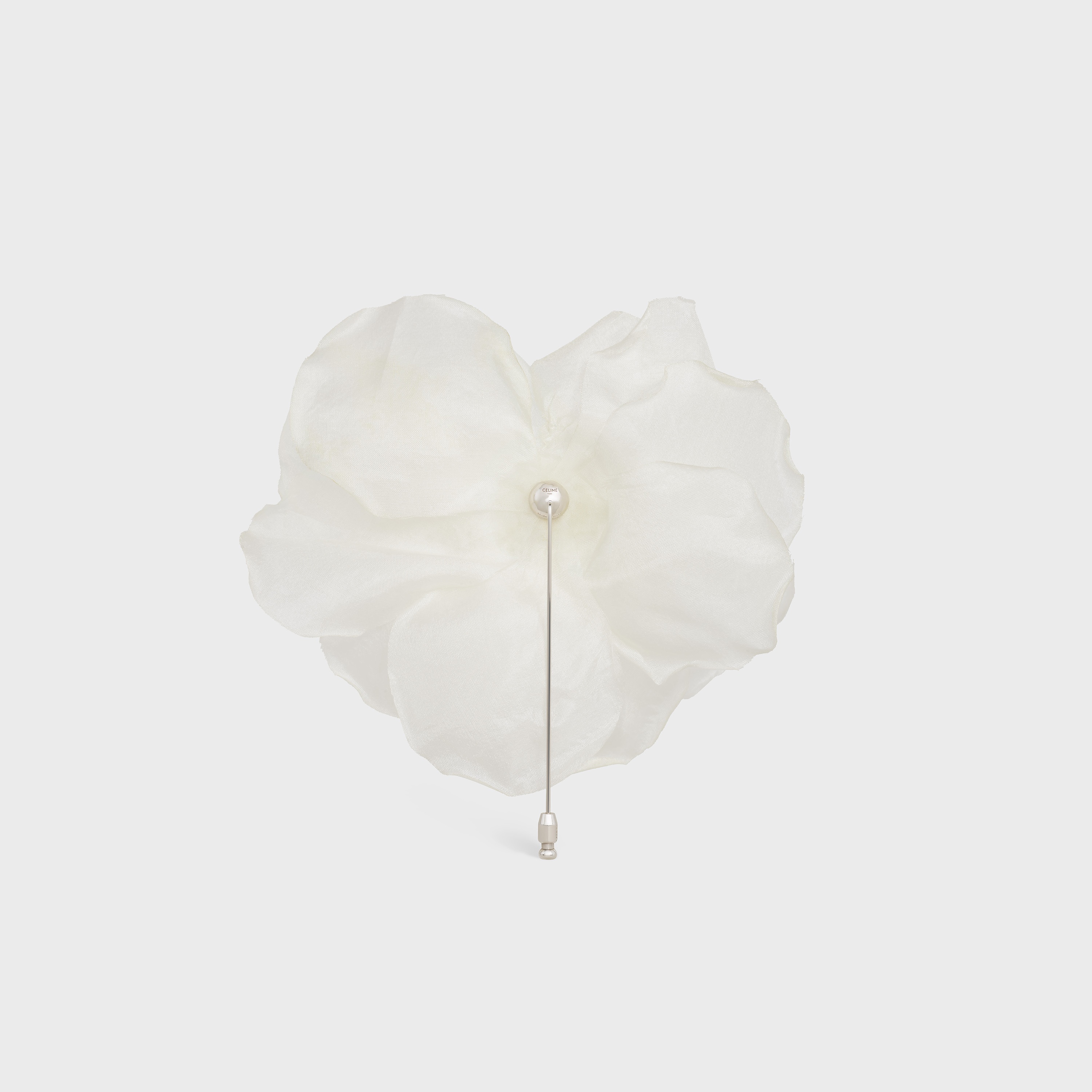 FLEUR CELINE PIVOINE LAPEL PIN IN WHITE SILK, BRASS WITH RHODIUM FINISH AND STEEL - 3