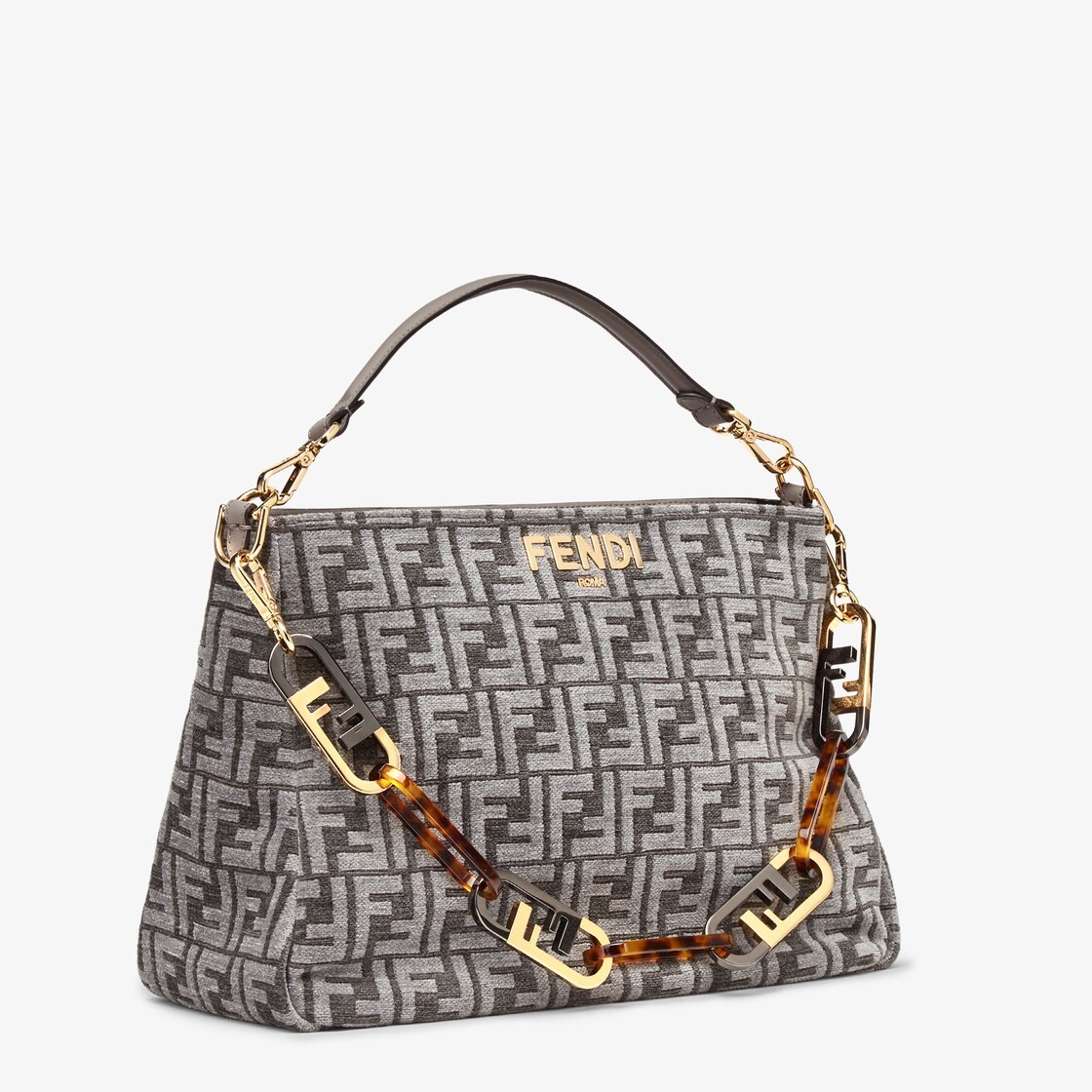 Shoulder bag made of chenille with dark gray FF tapestry motif, decorated with metal Fendi Roma lett - 2