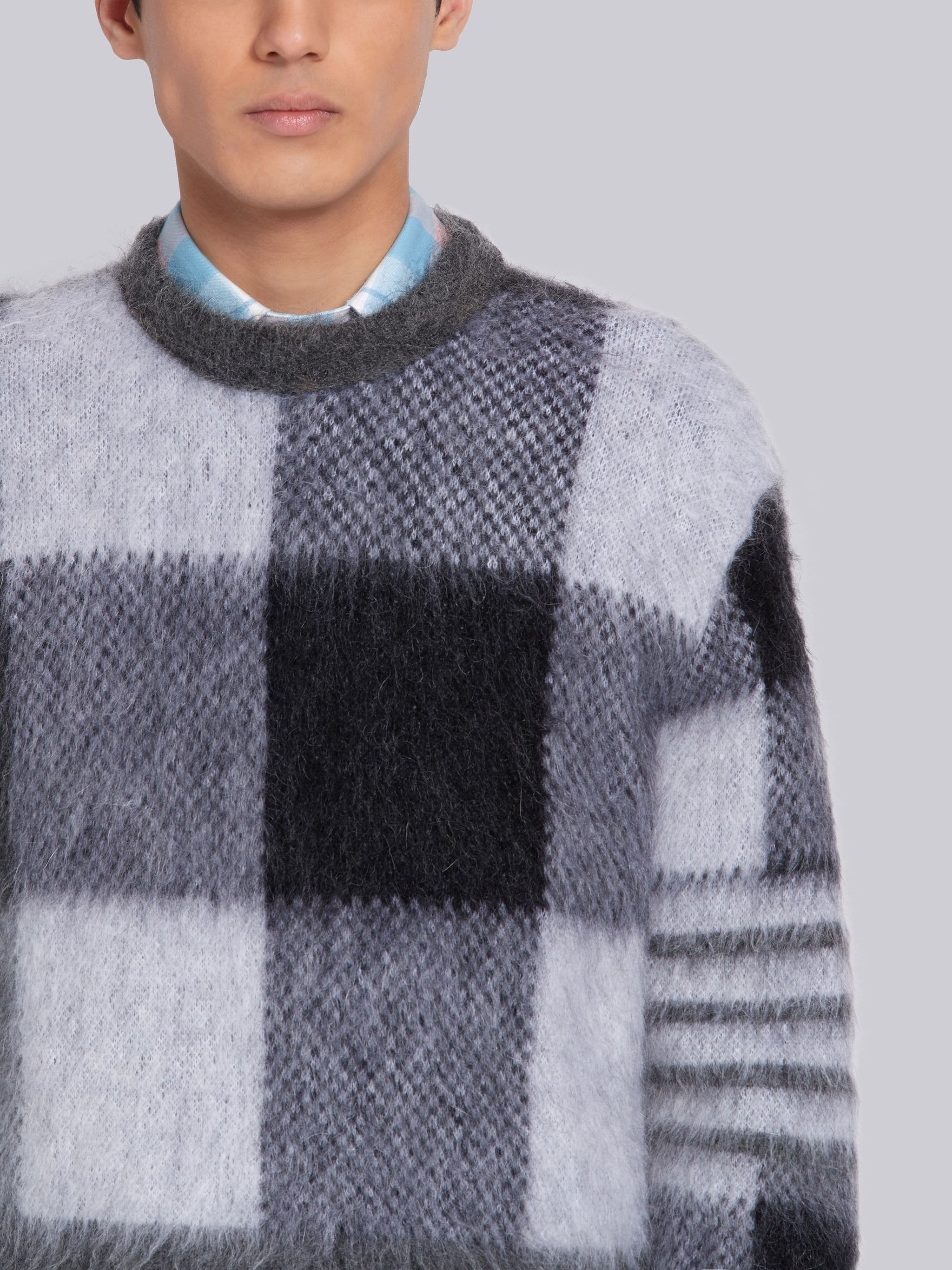 Tonal Grey Buffalo Check Funmix Super Kid Mohair Crew Neck 4-Bar Pullover - 5