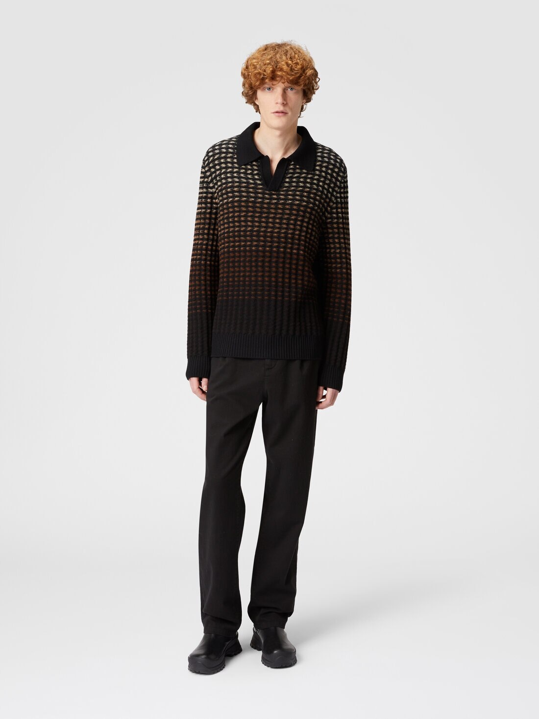 Long-sleeved polo shirt in textured virgin wool knit - 2