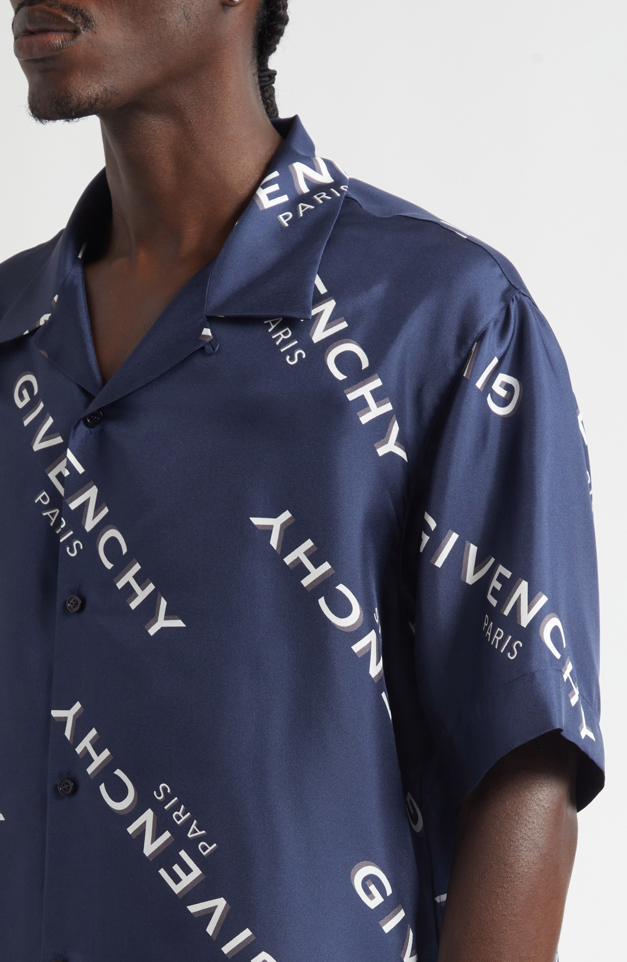 Givenchy Logo Print Silk Bowling Shirt in Navy at Nordstrom - 5