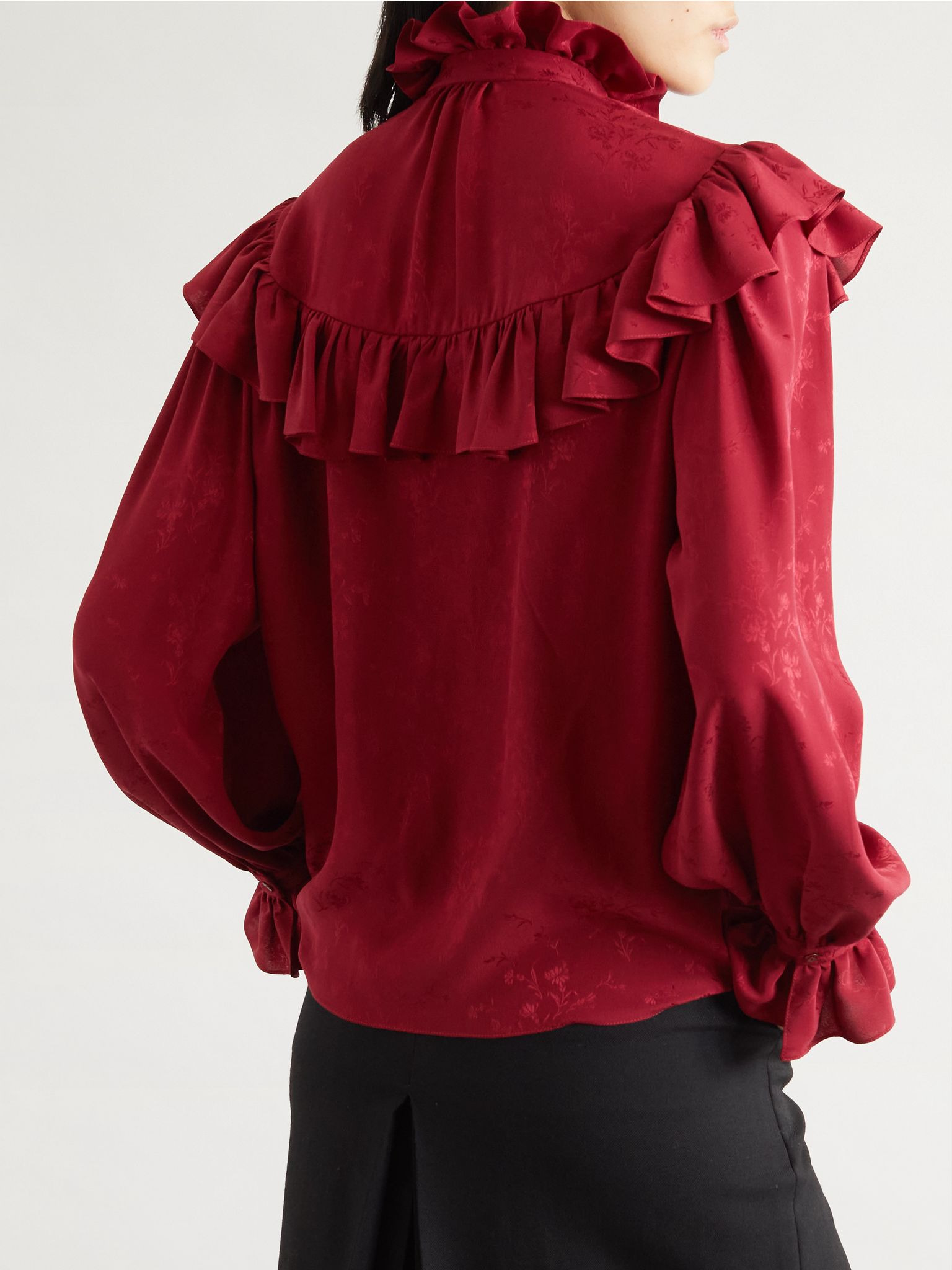 Ruffled floral silk-jacquard blouse Red - 4