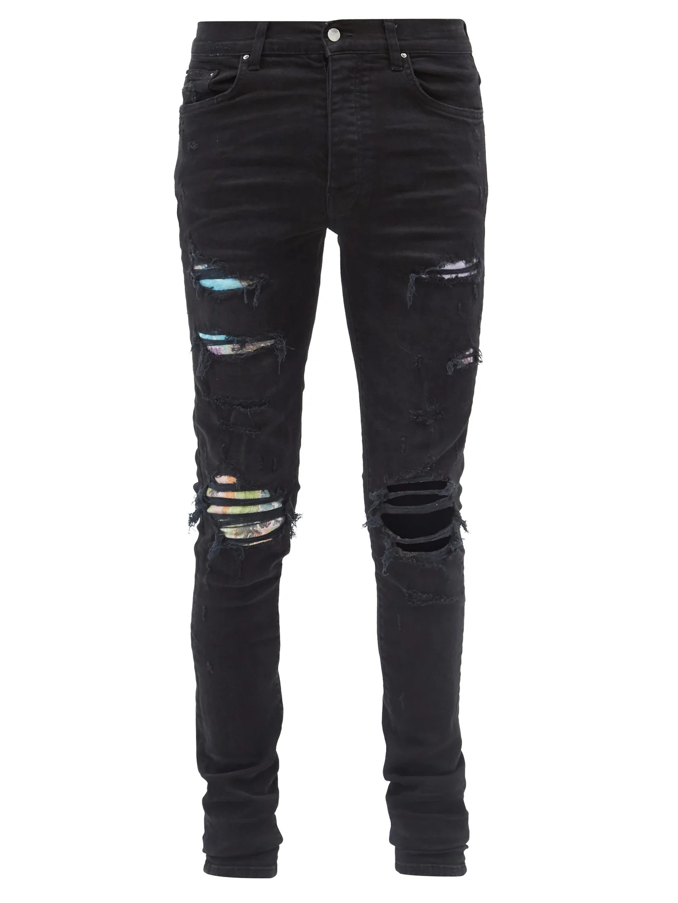 Printed-patch distressed slim-leg jeans - 1