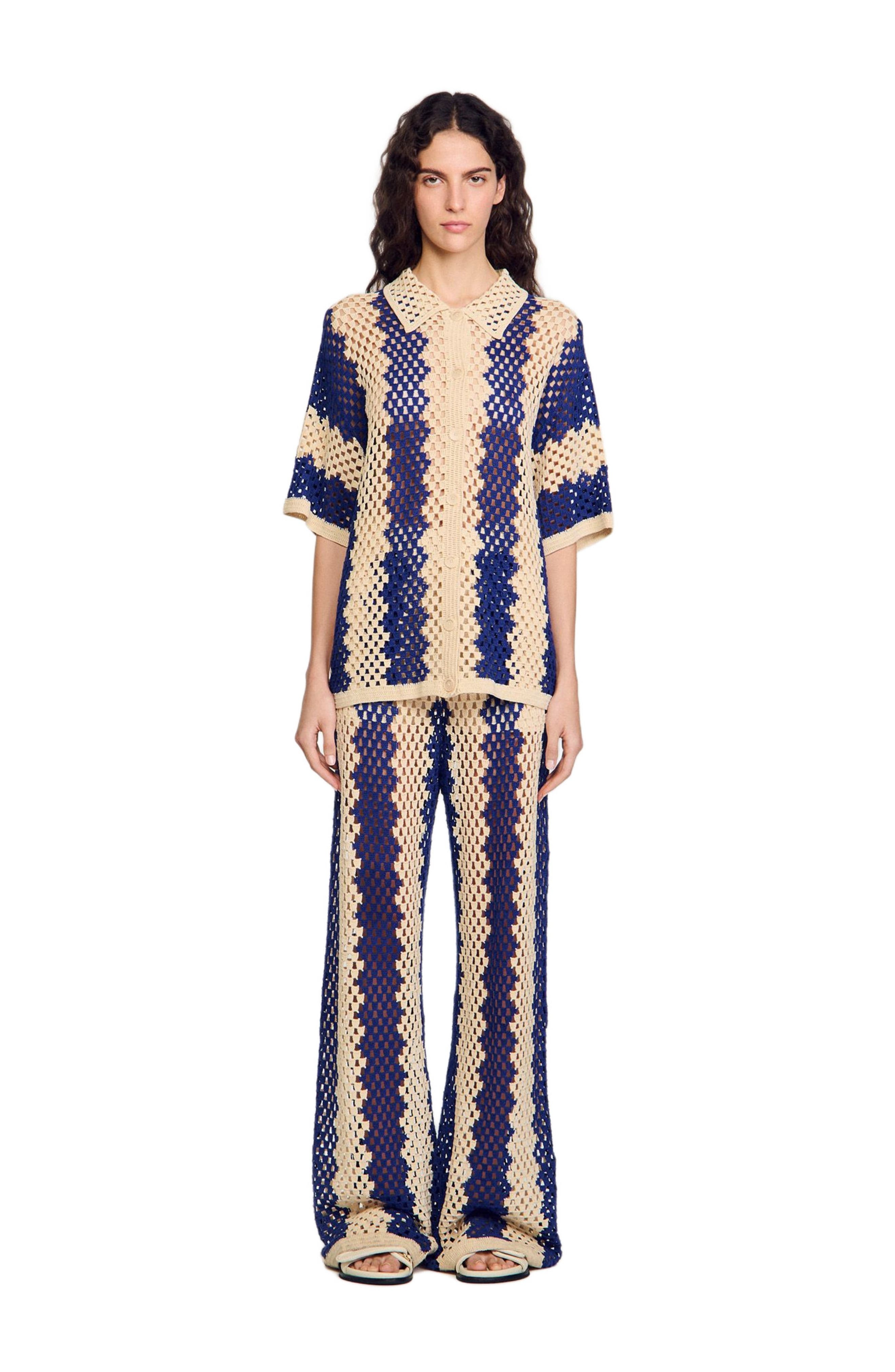 SANDRO Two-tone knit cardigan in Blue /Ecru at Nordstrom - 6