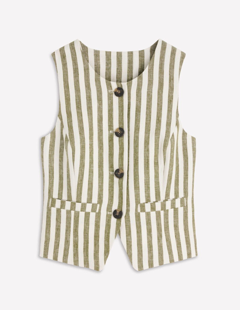 Linen Scoop Neck Waistcoat-Olive, Ivory Stripe 1