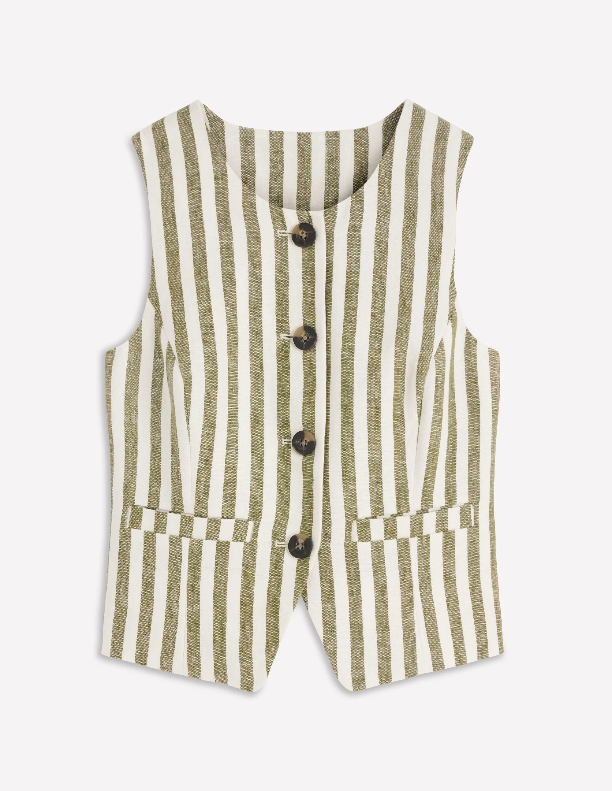 Linen Scoop Neck Waistcoat-Olive, Ivory Stripe - 1