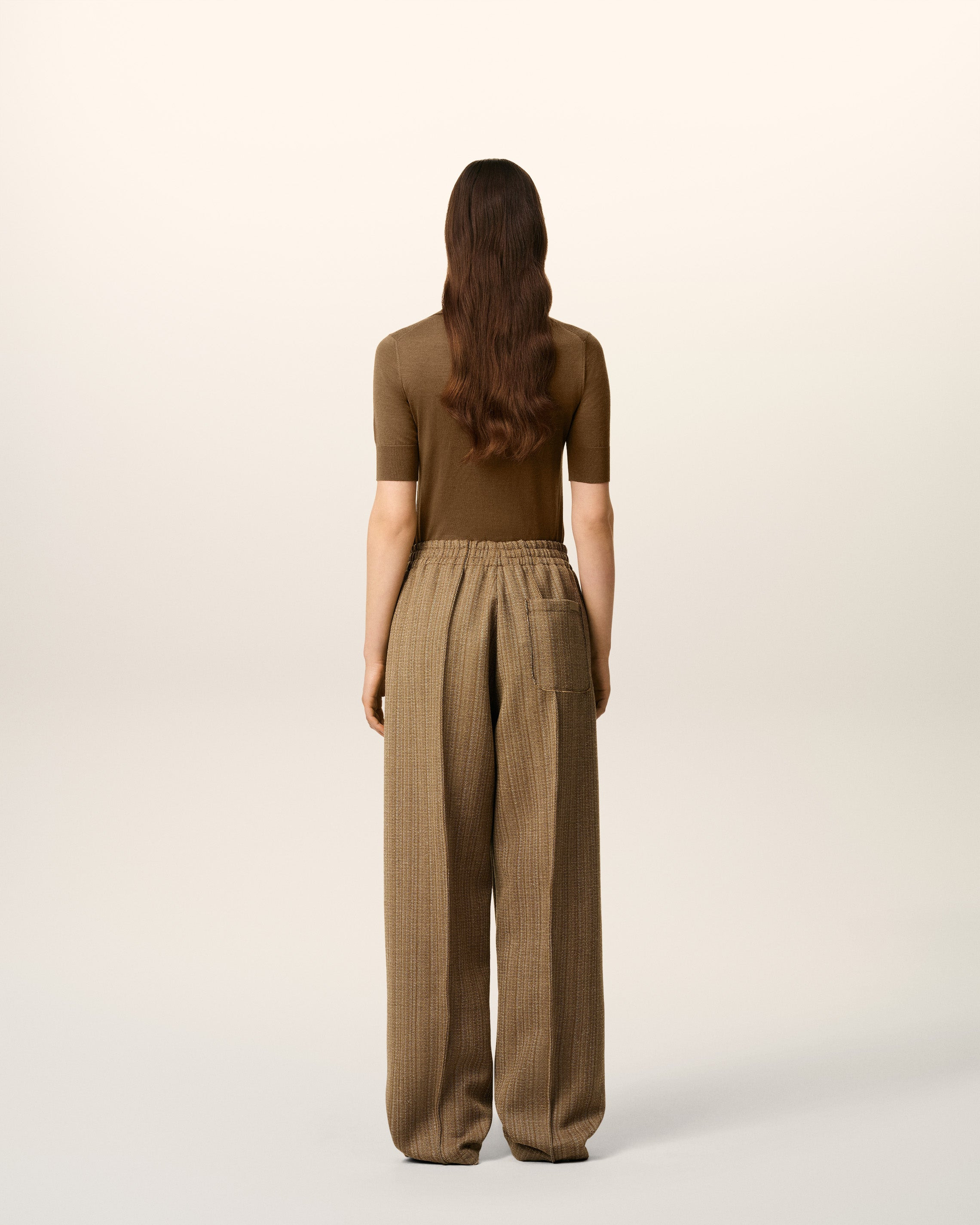 BROWN WOOL HERRINGBONE ELASTICATED TROUSERS - 4