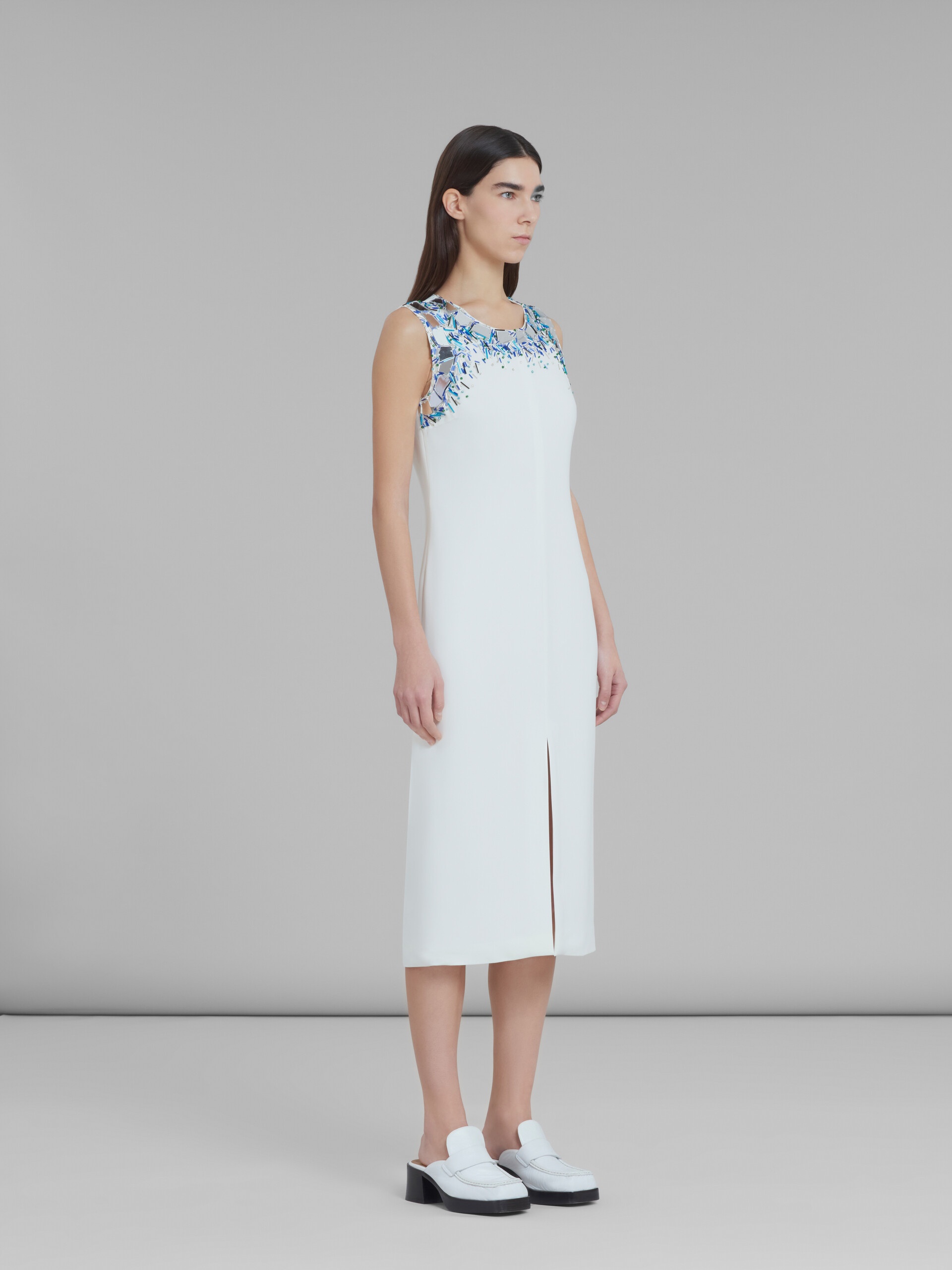 WHITE VISCOSE MIDI DRESS WITH BEADED NECKLINE - 6