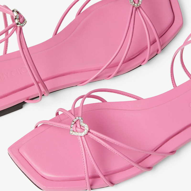 Indiya Flat Candy Pink Nappa Leather Flat Sandals with Crystal Hearts 4