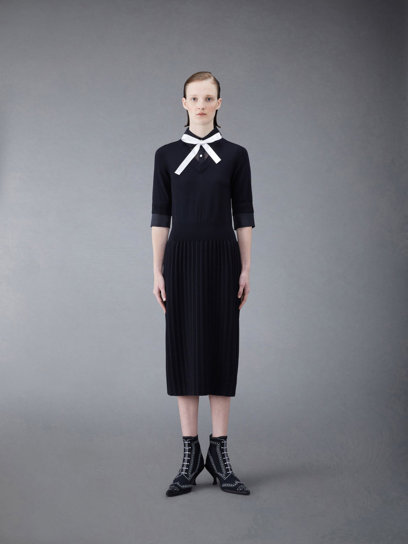 Wool Jersey Organza Pleated Bottom Ribbon Tie Combo Shirtdress - 1