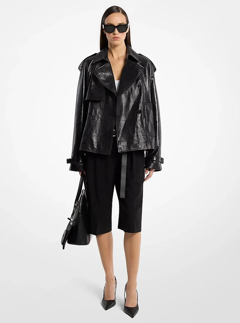Oversized Leather Cropped Trench Coat - 1