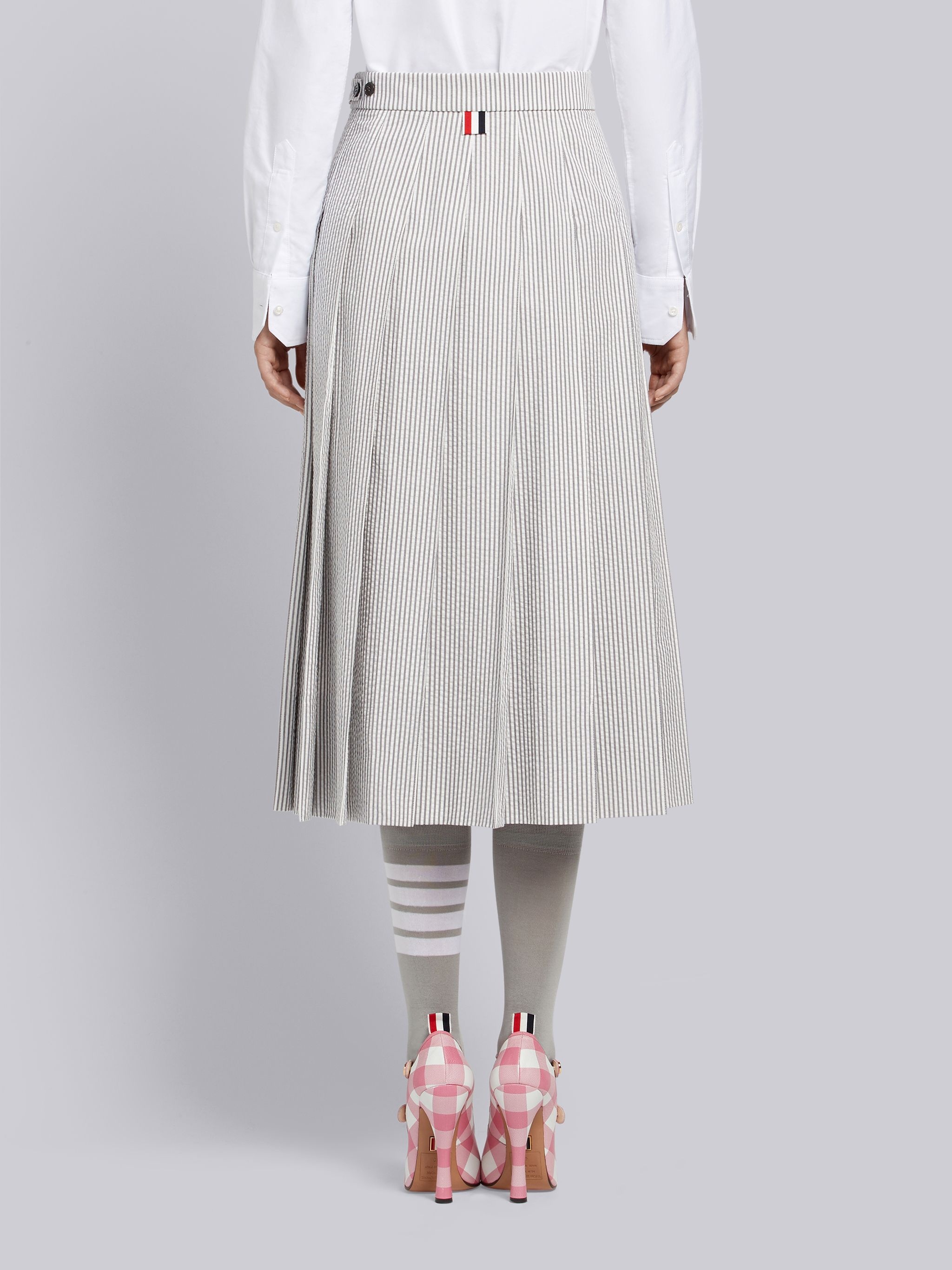 Medium Grey Seersucker Below-the-knee Pleated Skirt - 3