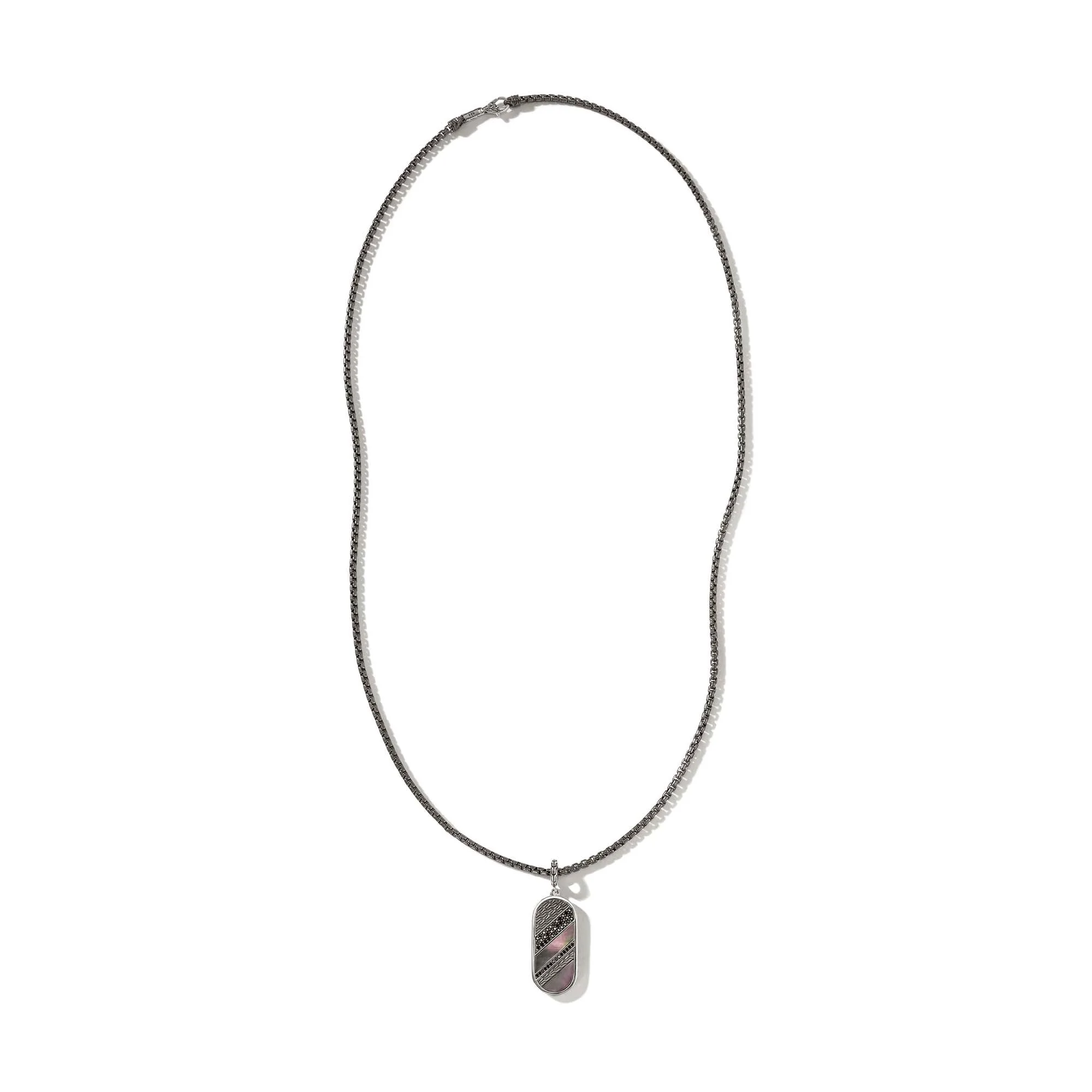 Carved Tag Necklace, Dark Silver, Gemstones - 1
