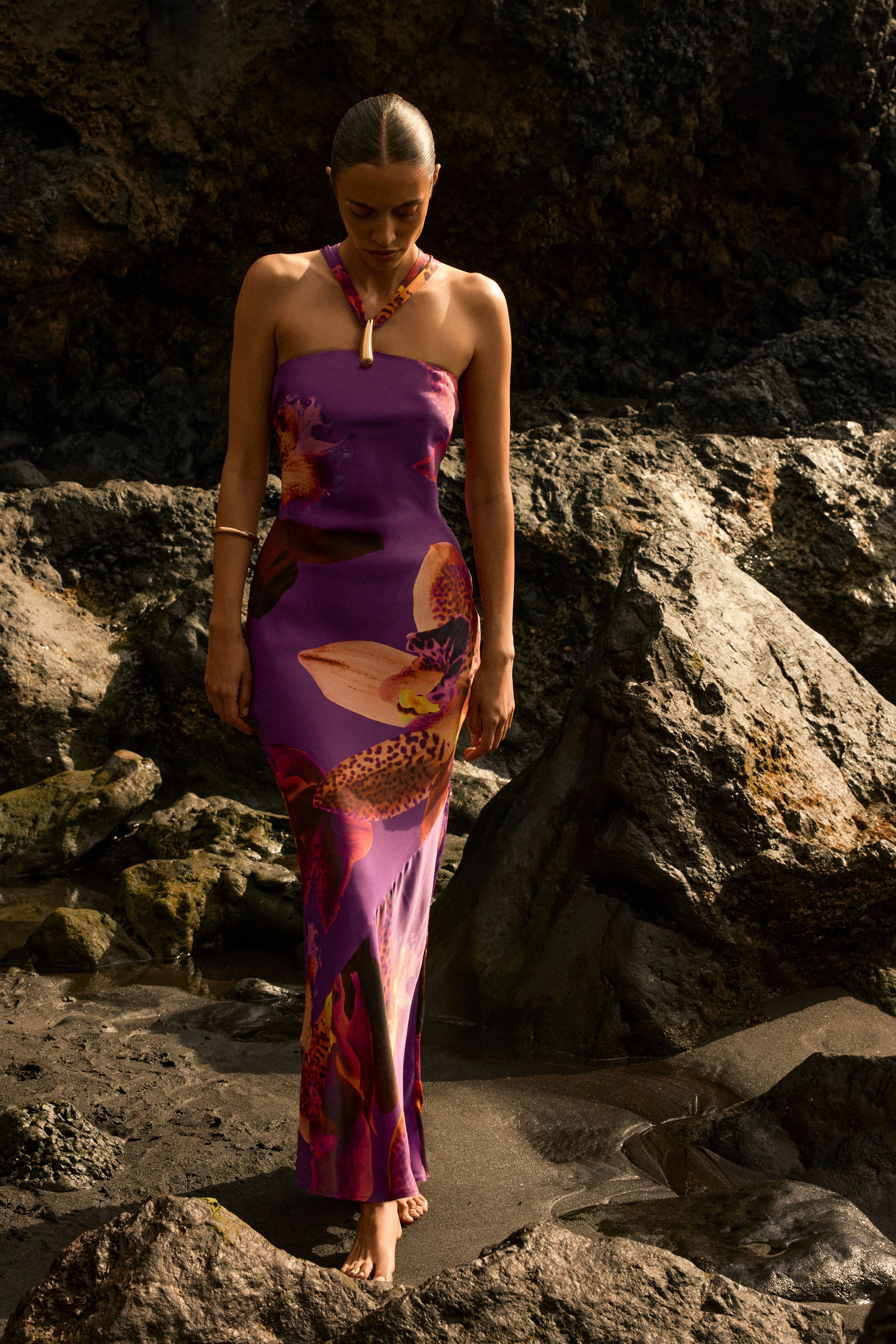 Viscose Satin Floral Print Halter Neck Maxi Dress - 1