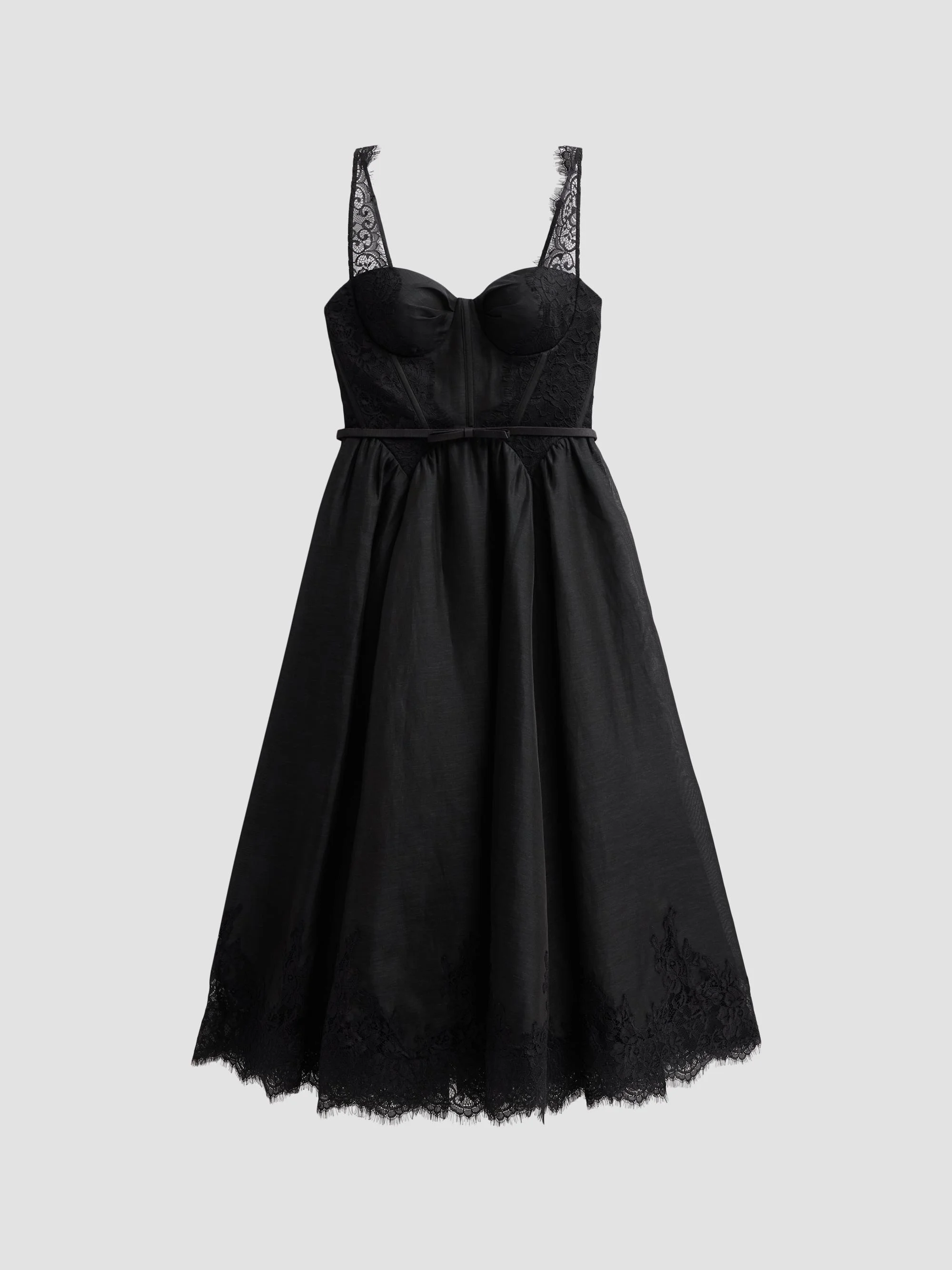 Women's Valiant Linen-Silk Lace-Trim Midi Dress - Black - 1