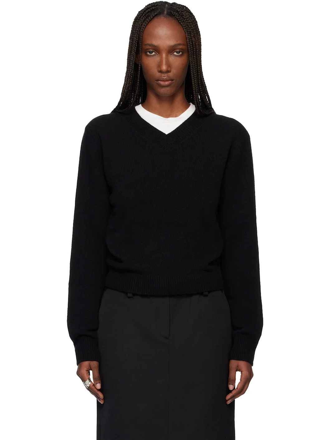 Black Cropped V-Neck Wool Sweater - 1
